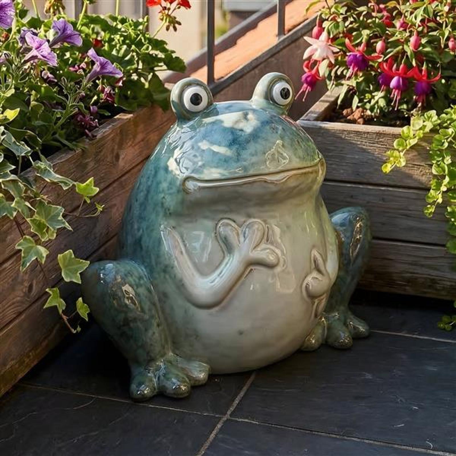 Dekofigur "Frosch" aus Porzellan, glänzend grün, 17 cm hoch, Outdoor Gartendeko, Froschfigur für draußen