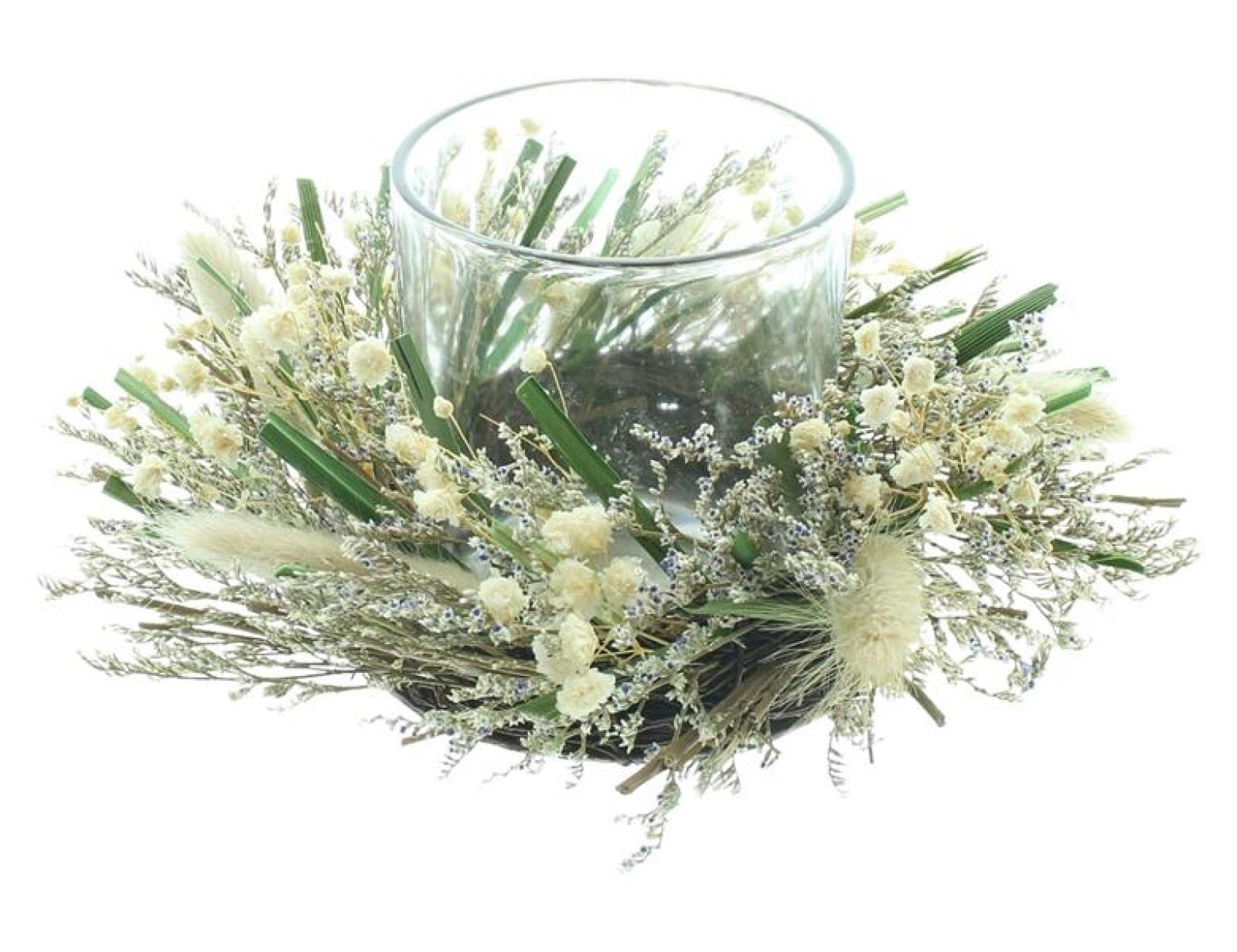 Windlicht "Trockenblumen" kleiner Dekokranz Ø 18 cm, Tischkranz mit Glas-Windlicht, Rattan-Kranz mit Gräsern