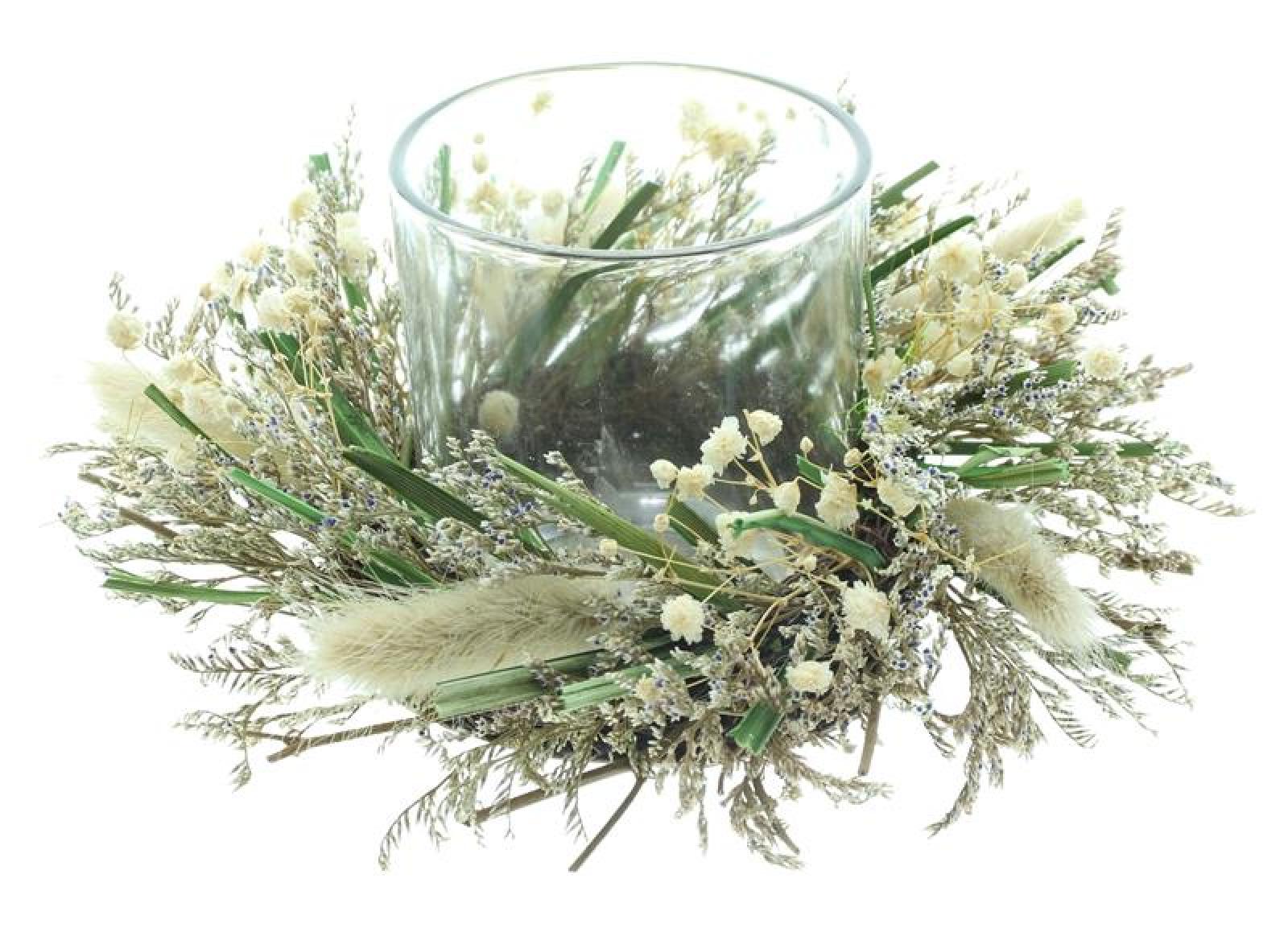 Windlicht "Trockenblumen" kleiner Dekokranz Ø 18 cm, Tischkranz mit Glas-Windlicht, Rattan-Kranz mit Gräsern
