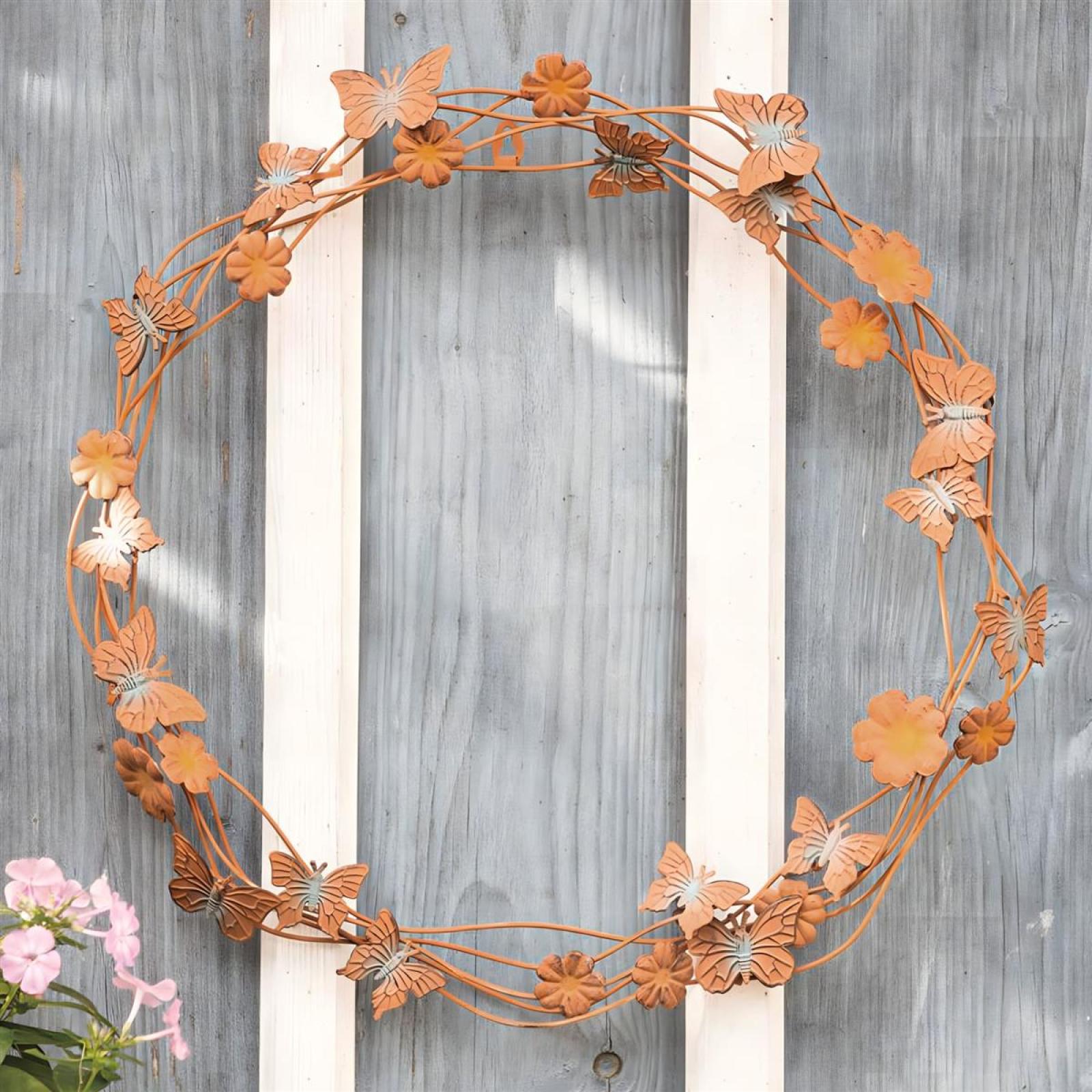 Wandkranz "Blumen und Schmetterlinge" aus Metall mit Rost Finish, Ø 42 cm groß, Türkranz, Outdoor Deko-Kranz
