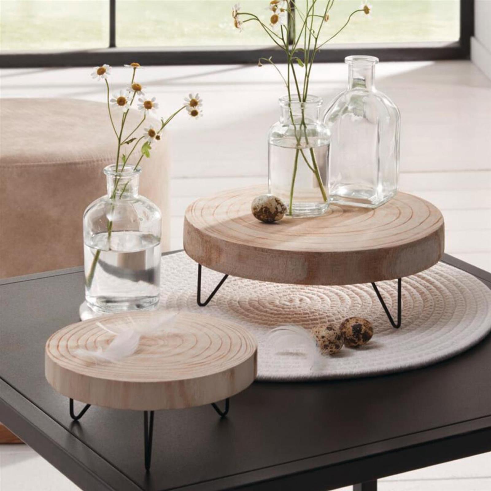 2x Baumscheibe "Natur" schwarze Füße aus Metall, Ø 16 + 24 cm, Blumenständer Holz, Echtholz Pflanzenständer, Kerzenboard, Dekoscheibe