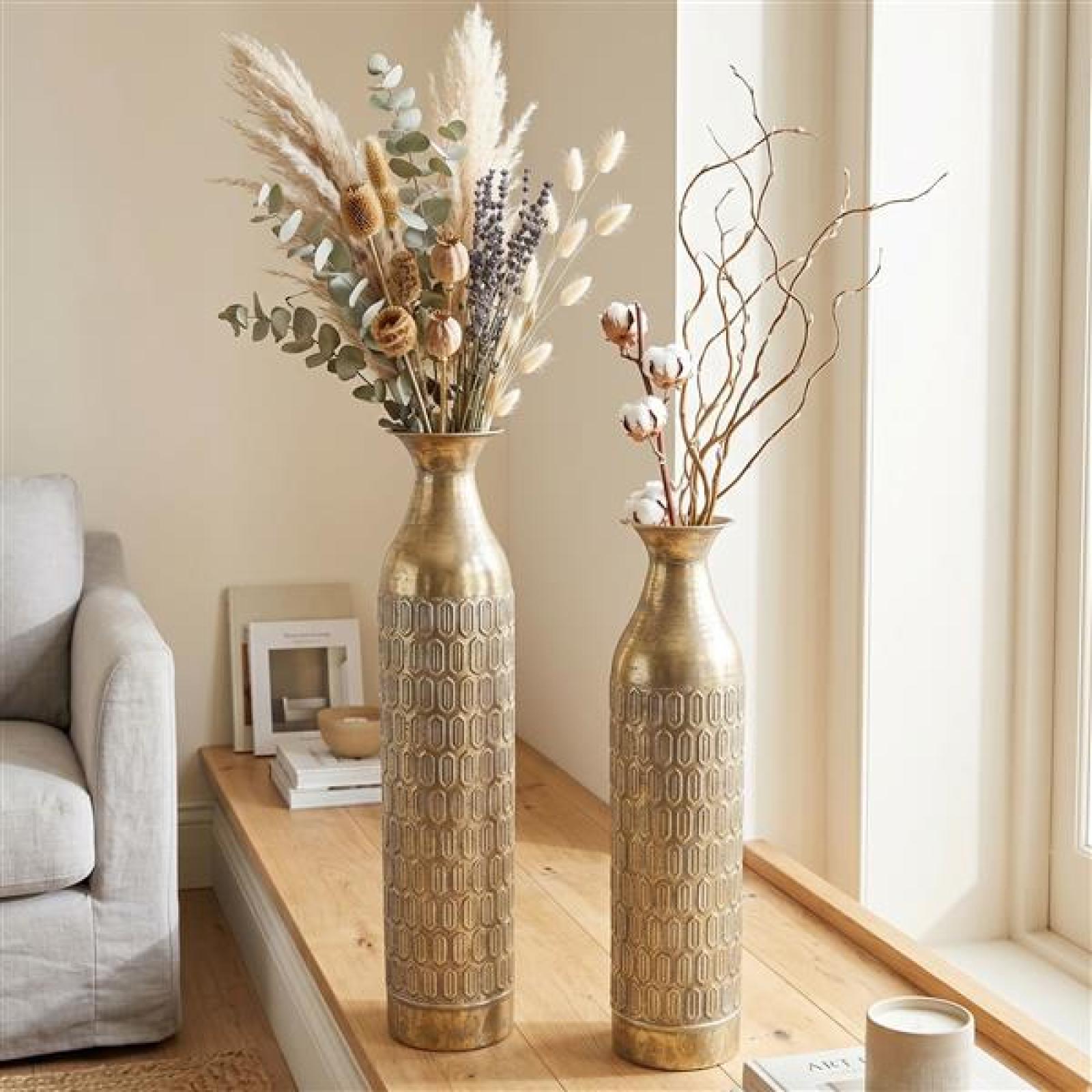 2x Bodenvase "Gold" aus Metall, schlank, 63 & 72 cm groß, XL Vase, Deko Blumenvase