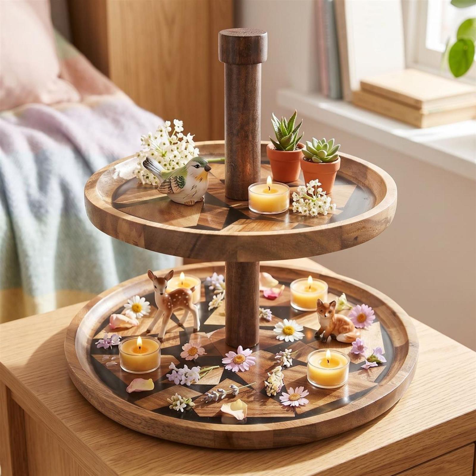 Etagere "Akazie" aus Holz 2 Etagen, mit Griff, Servierplatte für Obst & Gebäck, Cupcake Ständer