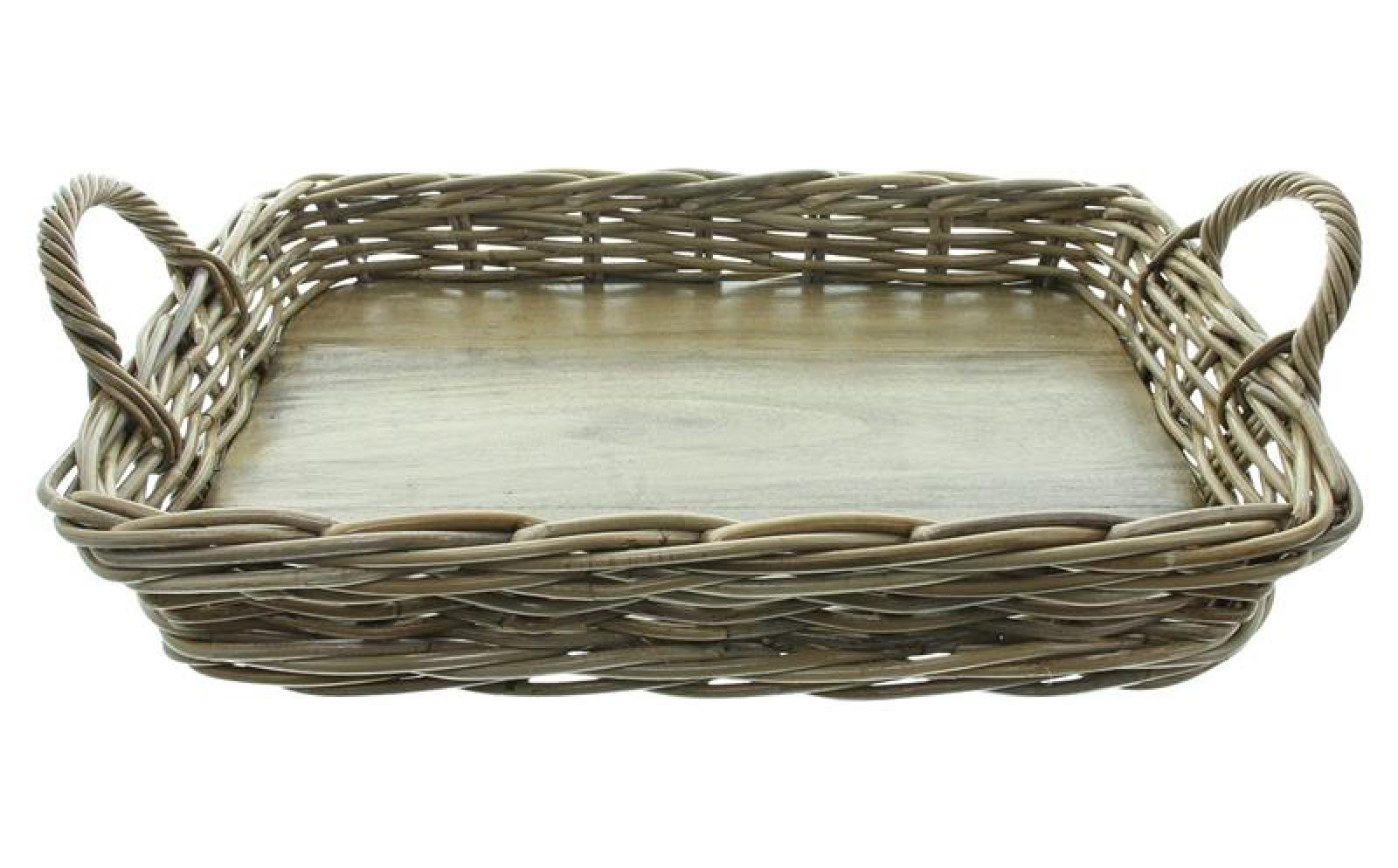 großes Tablett "Koboo Grey" aus Rattan, grau, mit Griffen, 50x35 cm, Serviertablett, Korbtablett rechteckig, Kaffeetablett