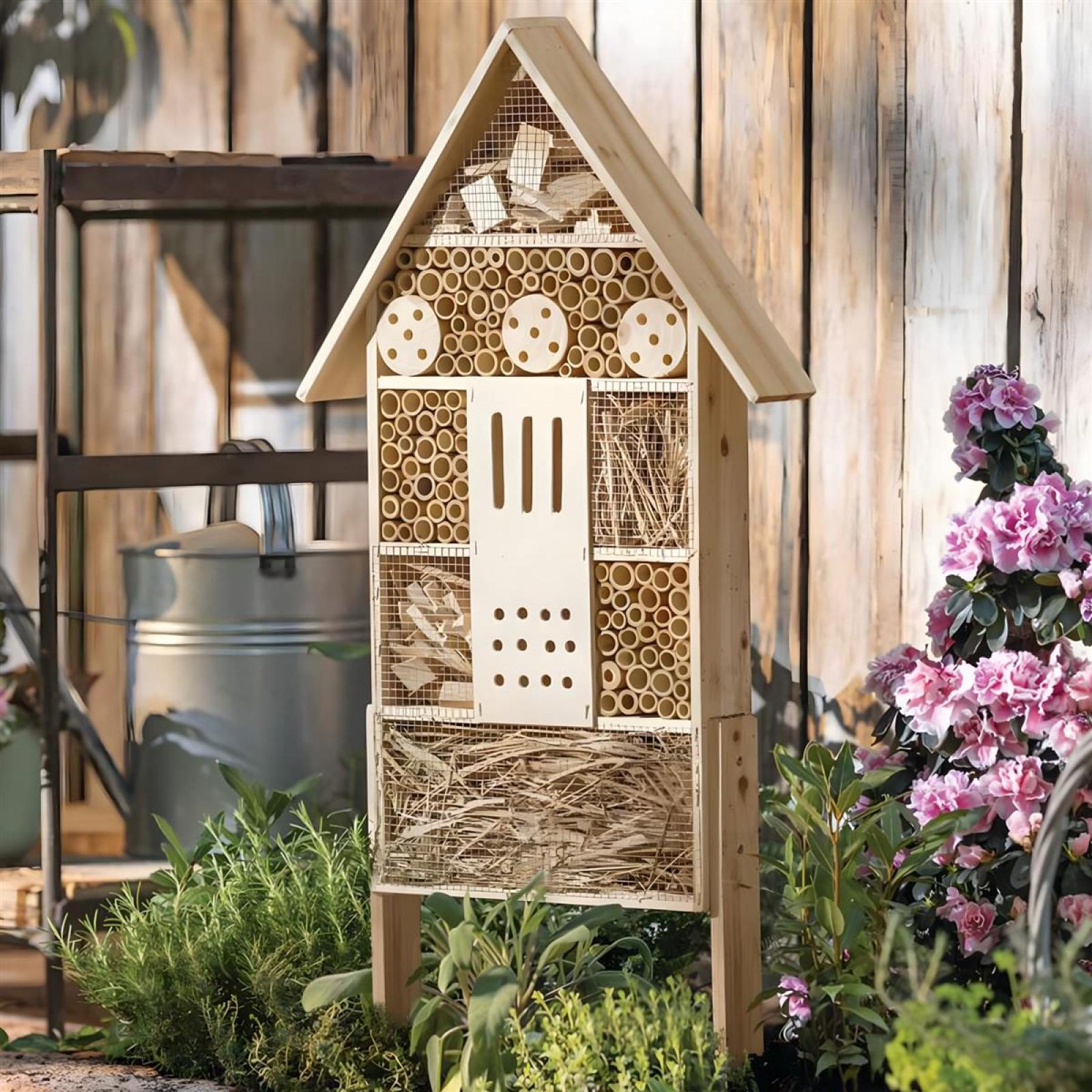 Insektenhotel "Natur" aus Holz & Bambus, groß, 95 cm hoch, Bienenhotel stehend mit Erdspieß, Nisthilfe, Bienenhaus, Insektenhaus