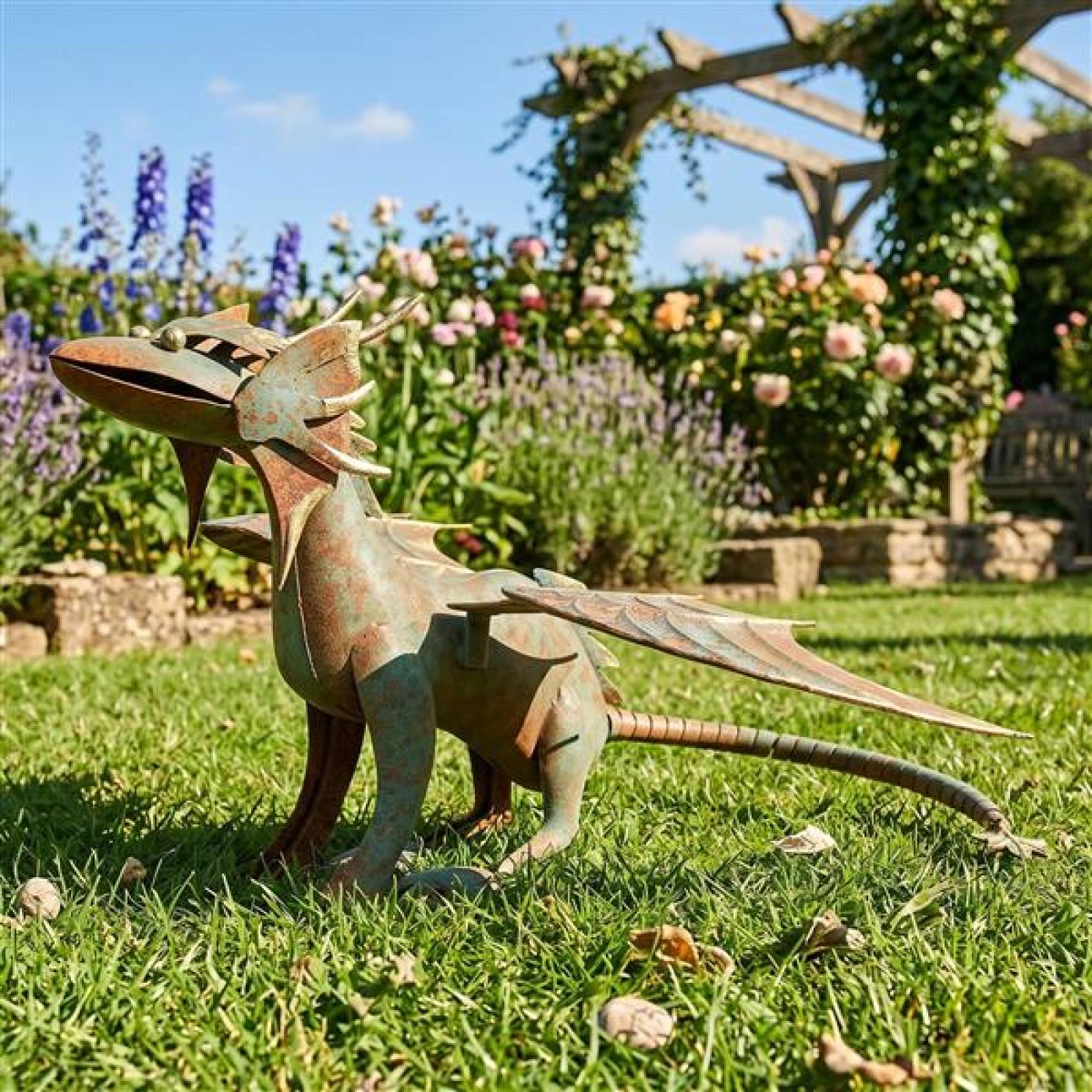 Figur "Drache" aus Metall blau / gold mit Rost Finish, Gartenfigur 38x38x26 cm, Outdoor Gartendeko für Draußen