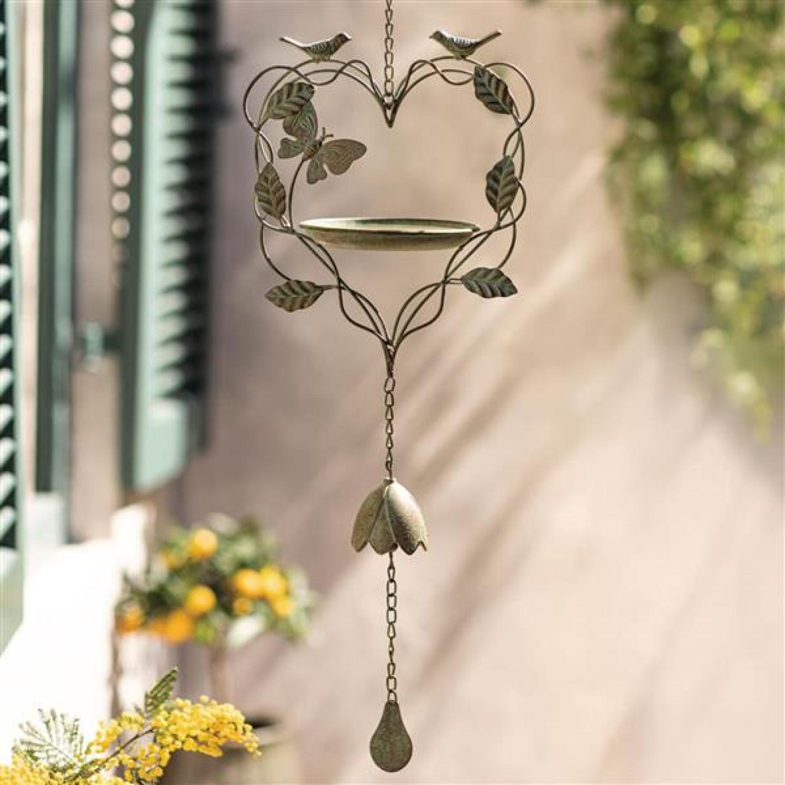 Vogeltränke "Glöckchen" aus Metall, grün, Rost Effekte & Antik Finish, Vogelfutterstation hängend mit Kette, Vogelfutterhaus für Balkon & Garten, winterfest