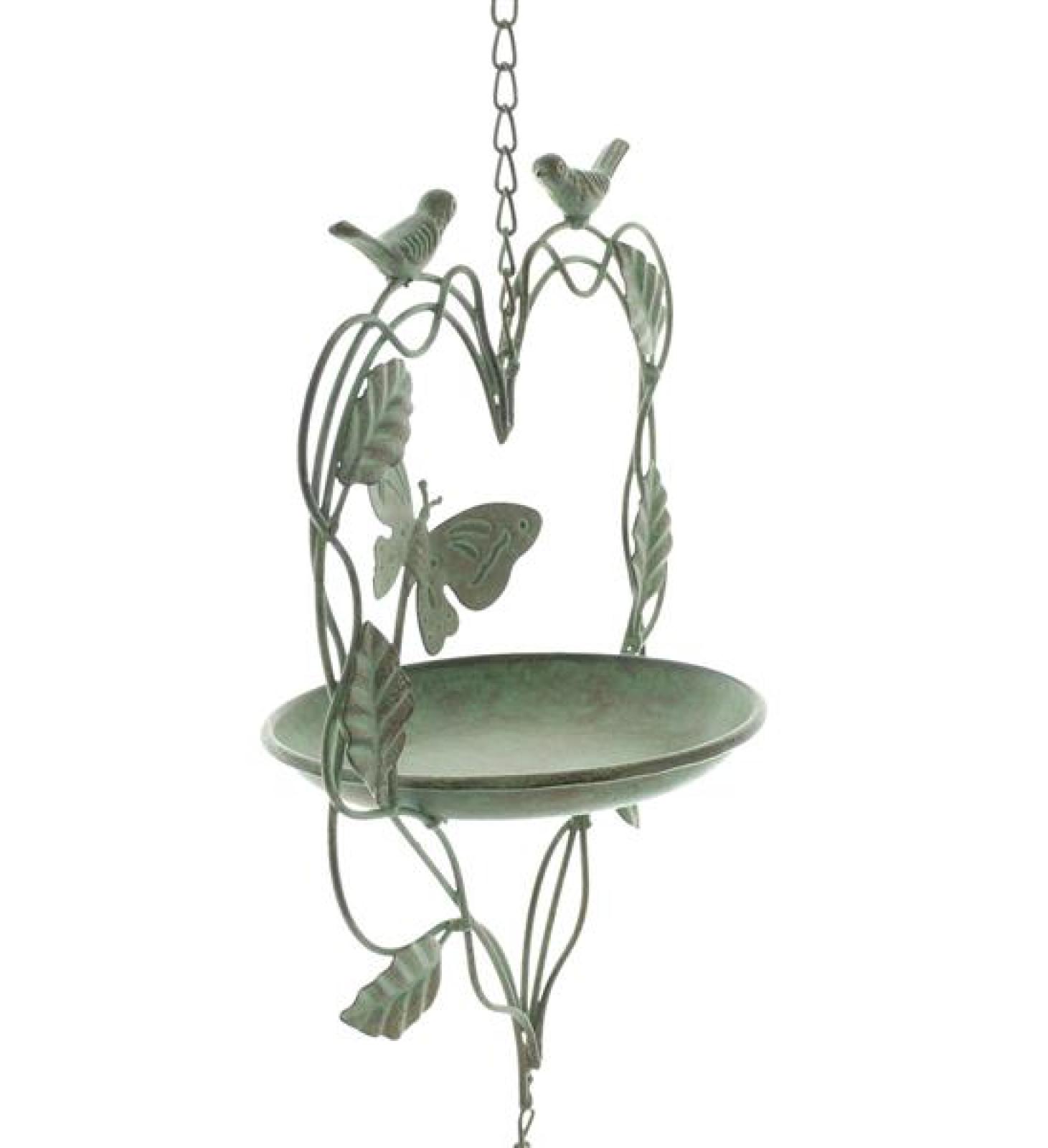 Vogeltränke "Glöckchen" aus Metall, grün, Rost Effekte & Antik Finish, Vogelfutterstation hängend mit Kette, Vogelfutterhaus für Balkon & Garten, winterfest