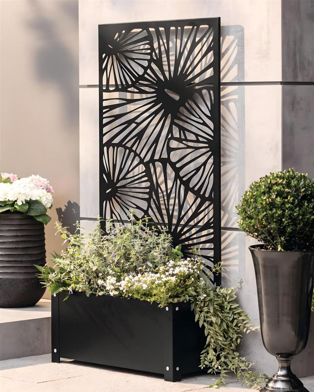 Pflanzkasten mit Rankgitter aus Metall, schwarz, 60x24x24 cm, mit Rankhilfe 122 cm hoch, Blumenkasten mit Spalier, Hochbeet mit Sichtschutz