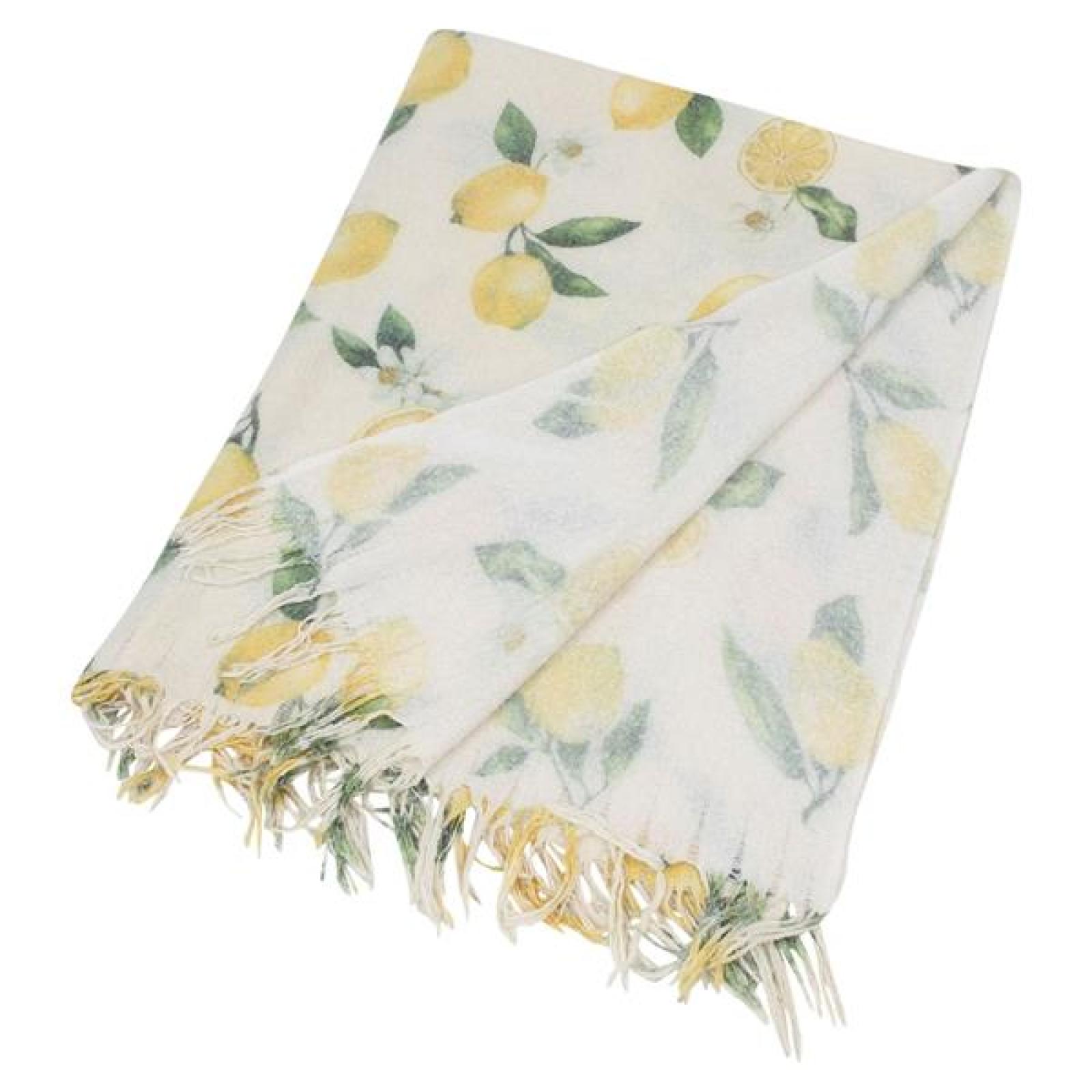 dünne Sommerdecke "Lemon" beige mit Zitronen Motiv, Kuscheldecke 130x160 cm, Sofadecke, Couchdecke