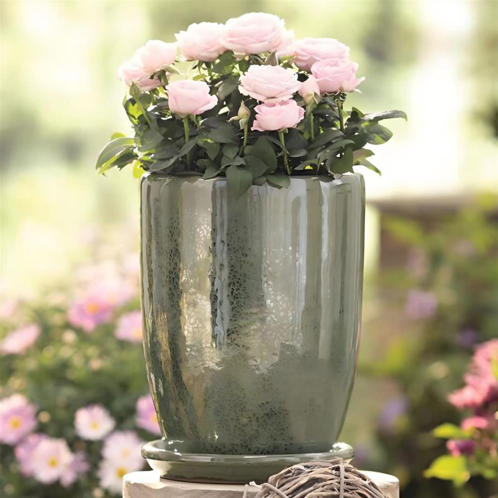 Pflanztopf "Oliv" mit Untersetzer, 2-tlg., Blumentopf aus Terracotta, grün, Indoor & Outdoor Blumenkübel, Pflanzentopf