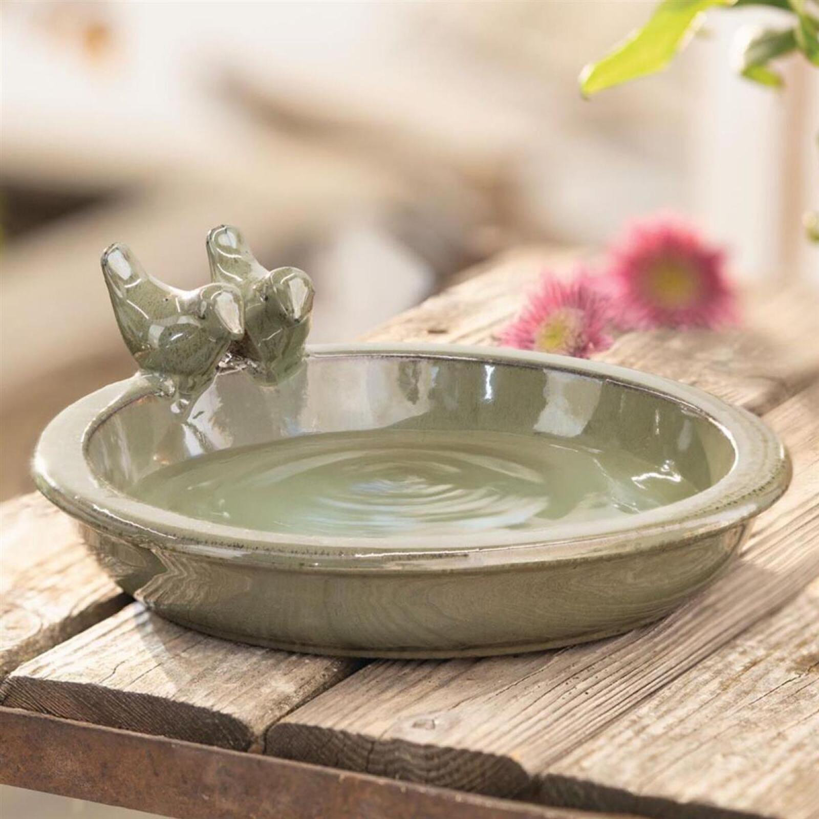 Vogeltränke "Oliv" aus Terracotta, grün glasiert, Vogelbad, rund Ø 30 cm, Wasserschale, Wassertränke