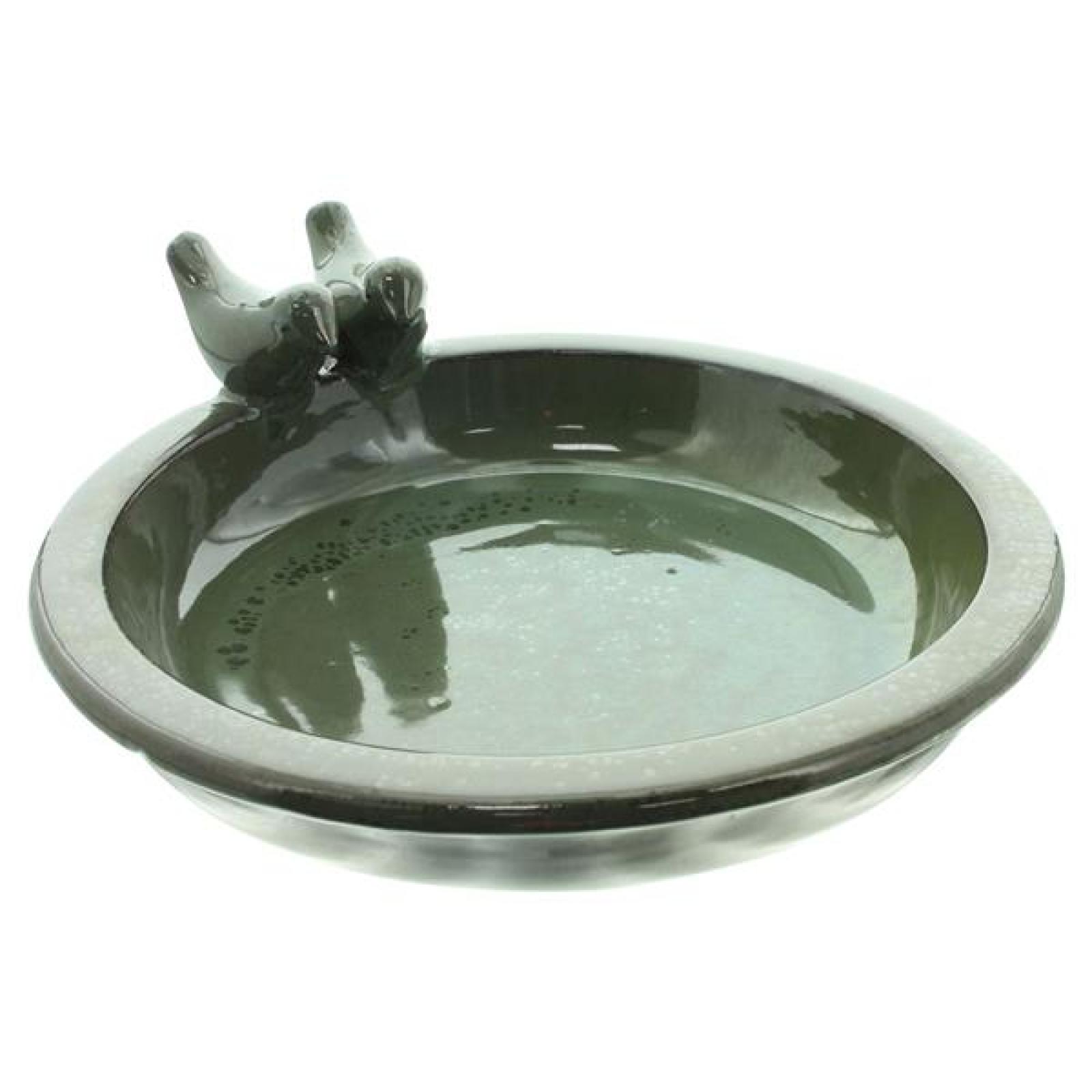 Vogeltränke "Oliv" aus Terracotta, grün glasiert, Vogelbad, rund Ø 30 cm, Wasserschale, Wassertränke
