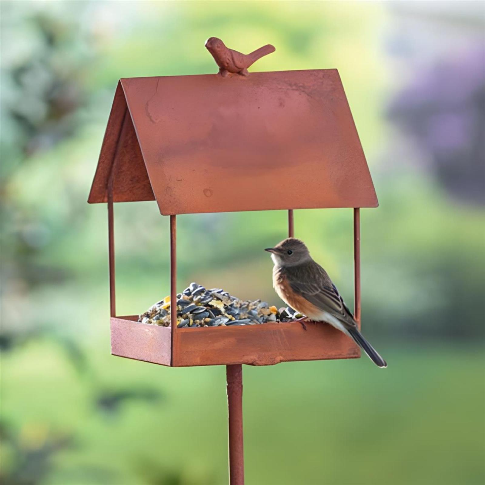Rost Gartenstecker "Vogelhaus" aus Metall mit Edelrost, Vogelhäuschen, Vogelfutterhaus, Futterhaus