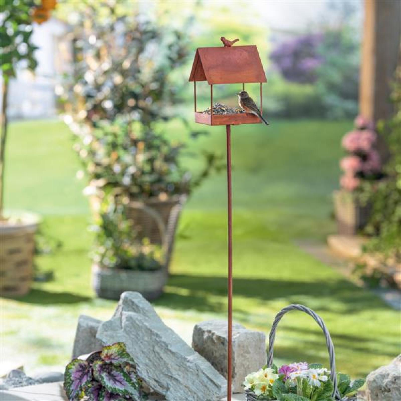 Rost Gartenstecker "Vogelhaus" aus Metall mit Edelrost, Vogelhäuschen, Vogelfutterhaus, Futterhaus