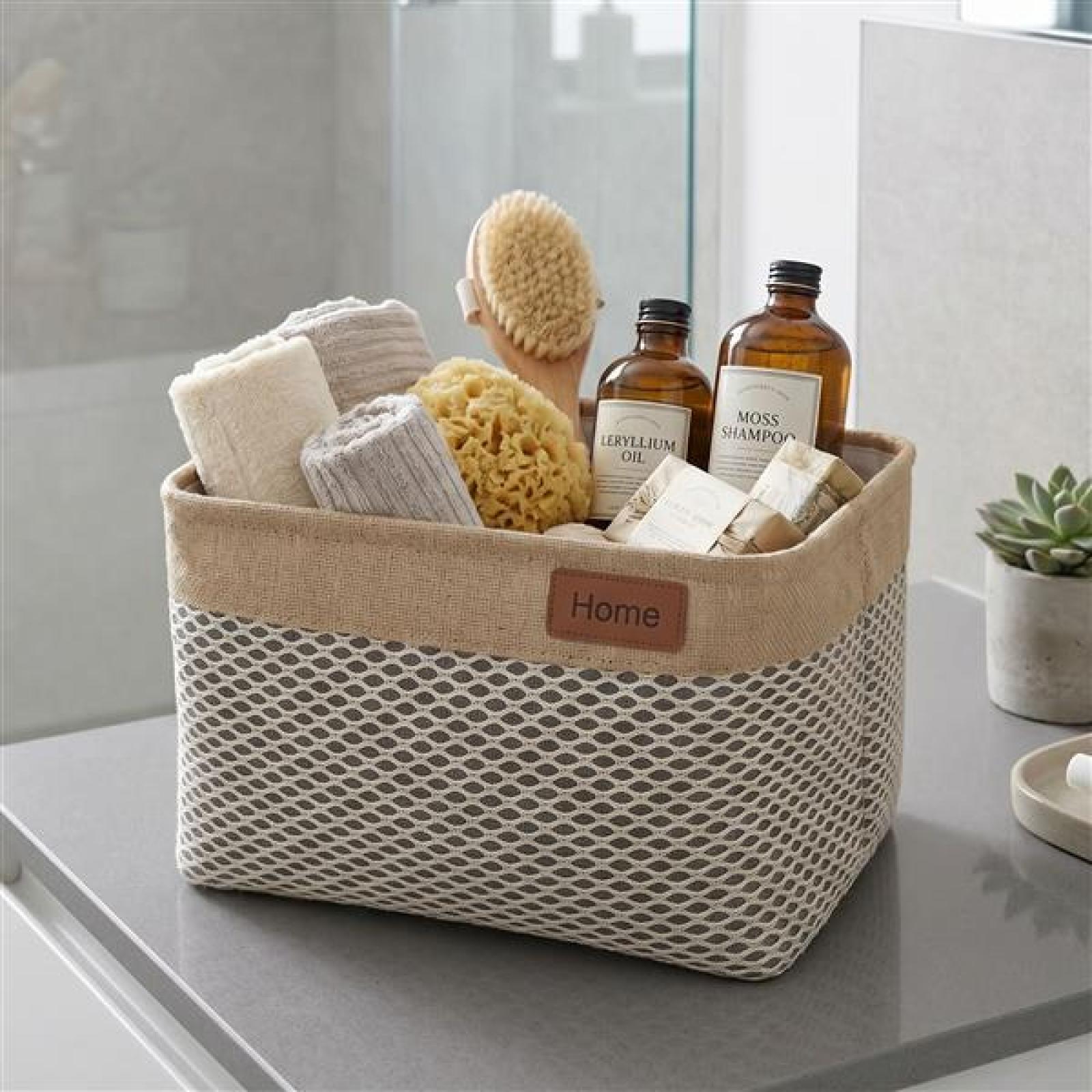 Aufbewahrungskorb "Home" Stoffkorb grün mit Häkelmuster, Bad Körbchen, Aufbewahrungsbox, Korb für Wohnzimmer, Küche, Badezimmer