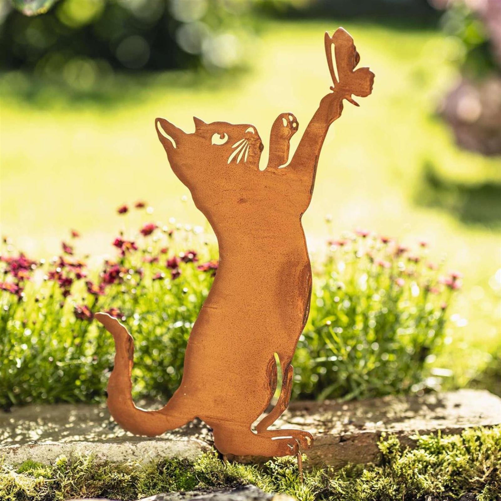 Gartenstecker "Katze" aus Metall mit Rost Finish, 48 cm hoch, Dekostecker wetterfest, Outdoor Gartendeko, Roststecker