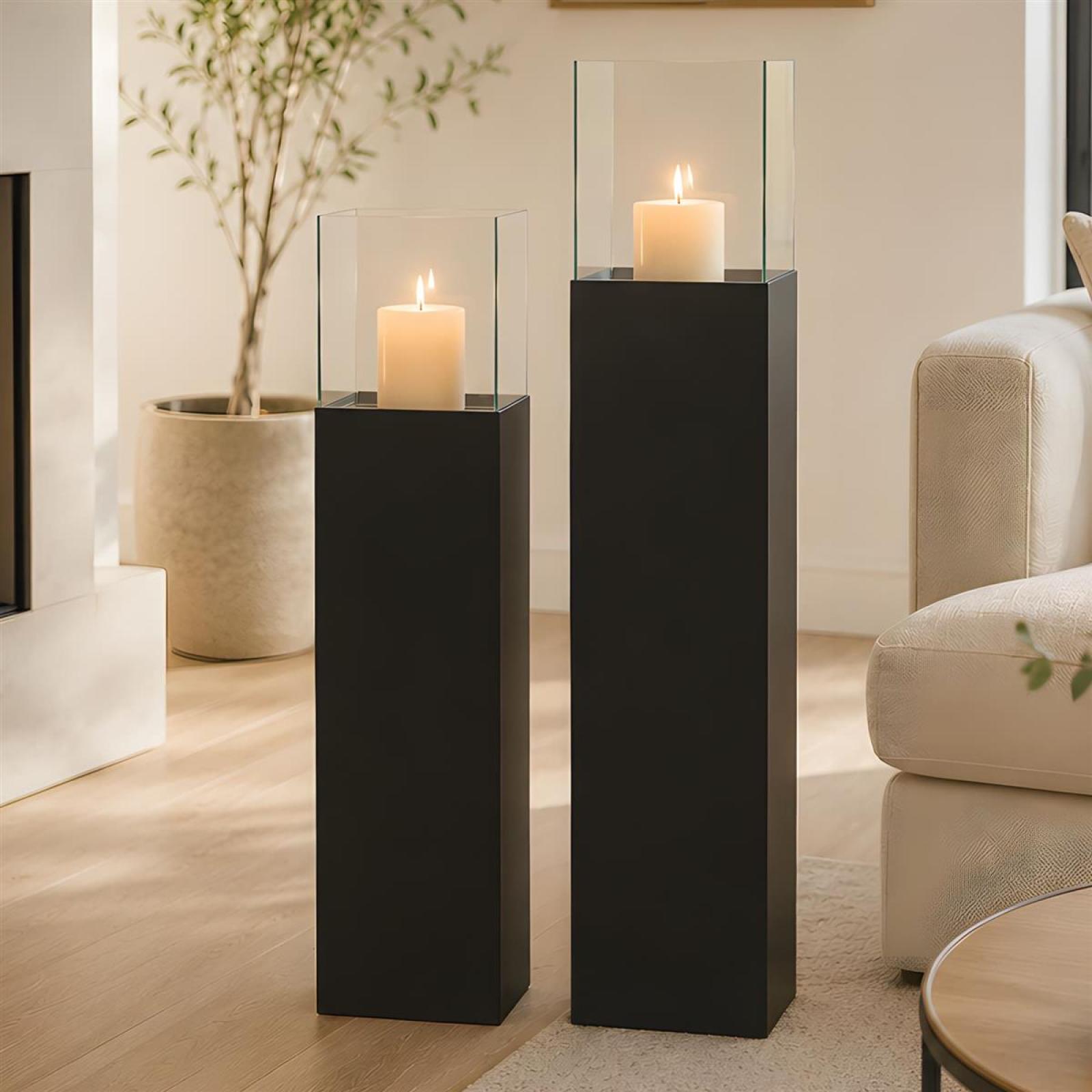 2x Windlichtsäule "Black" aus Metall schwarz & Glas, 75 + 90 cm hoch, Kerzenhalter, Kerzenständer, Dekosäule für Wohnzimmer, Boden-Laterne mit Kerzenglas