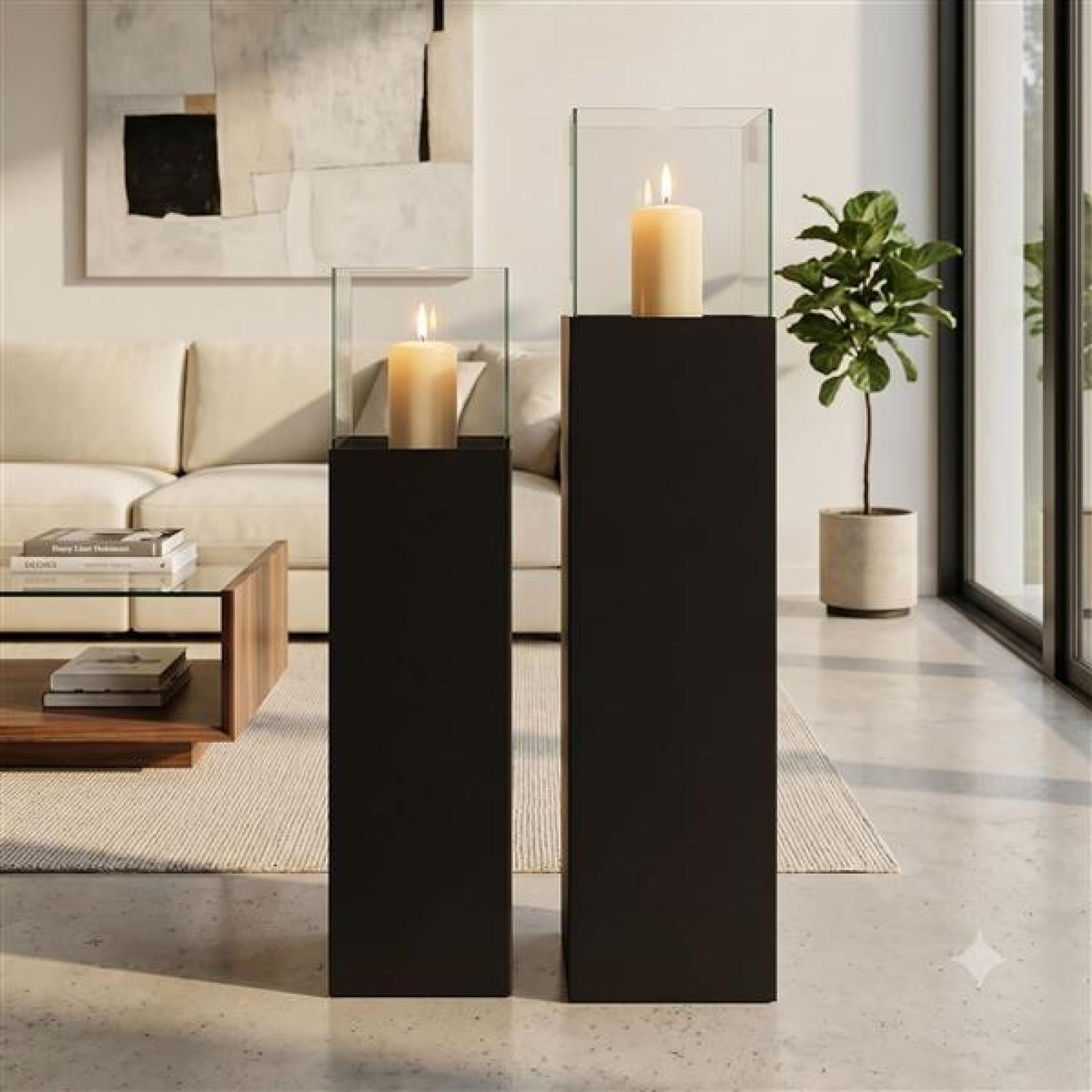 2x Windlichtsäule "Black" aus Metall schwarz & Glas, 75 + 90 cm hoch, Kerzenhalter, Kerzenständer, Dekosäule für Wohnzimmer, Boden-Laterne mit Kerzenglas