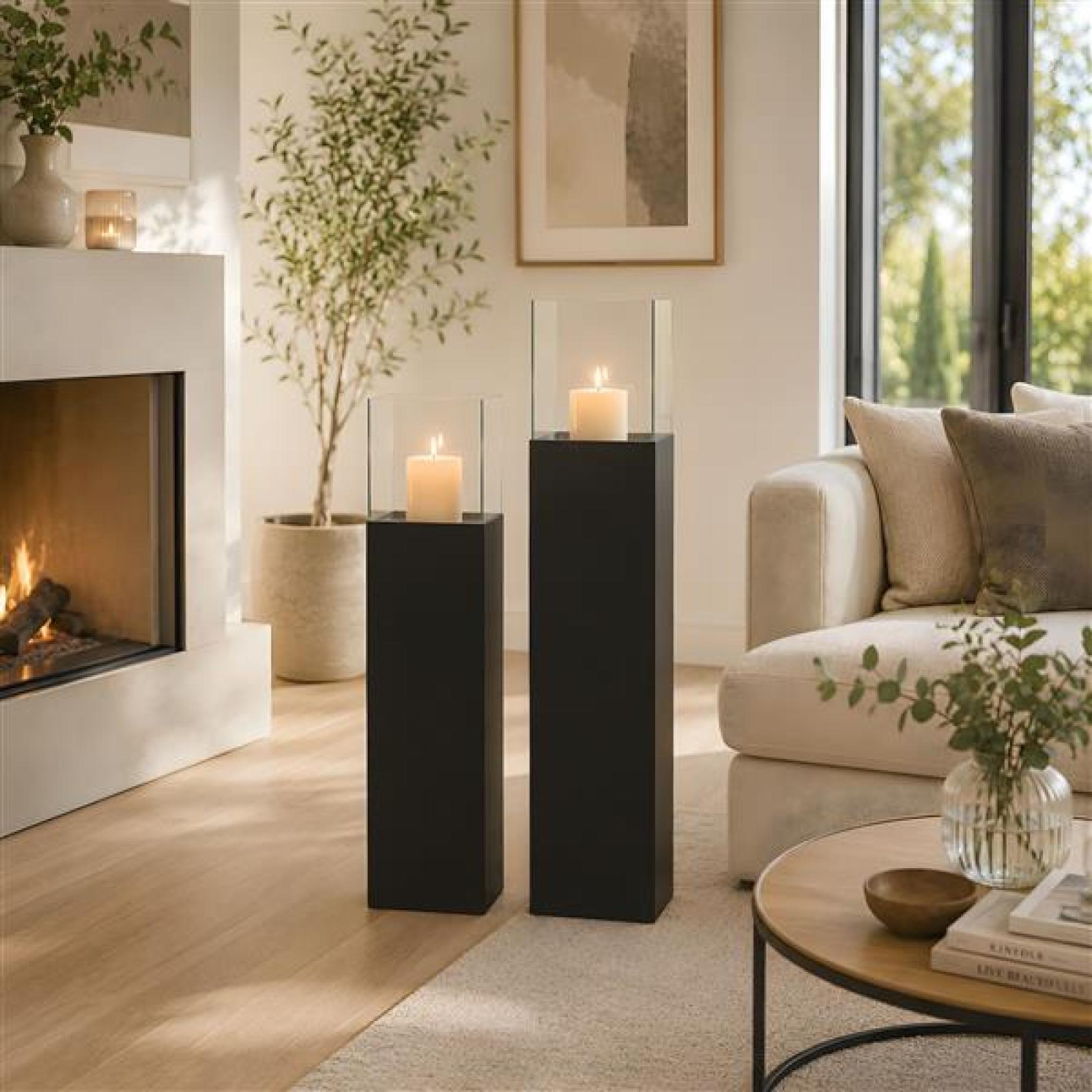 2x Windlichtsäule "Black" aus Metall schwarz & Glas, 75 + 90 cm hoch, Kerzenhalter, Kerzenständer, Dekosäule für Wohnzimmer, Boden-Laterne mit Kerzenglas