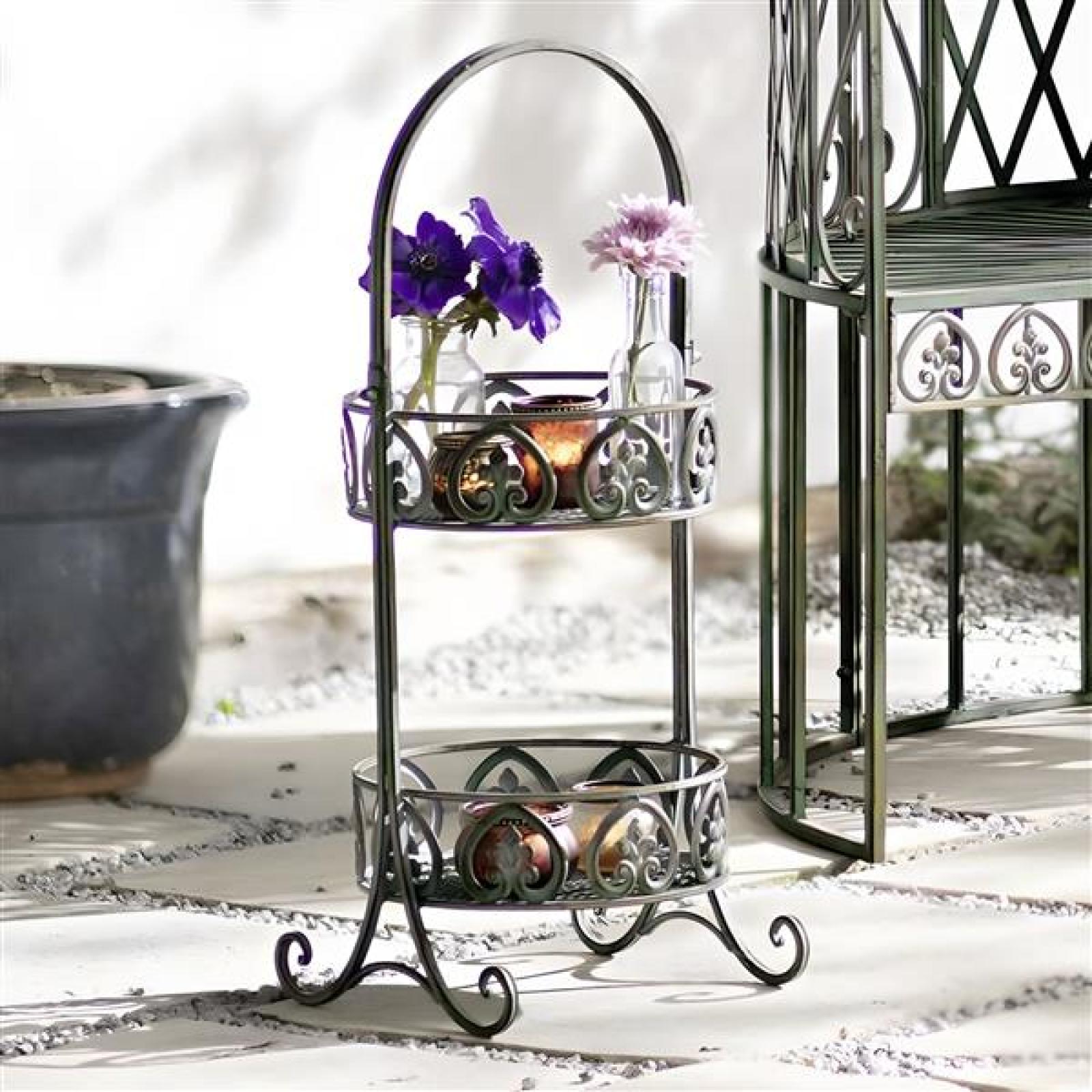 Etagere "Ornamente" aus Metall, grün mit Rost Finish, 2 Etagen, Cupcake Muffin Obst Ständer mit Griff