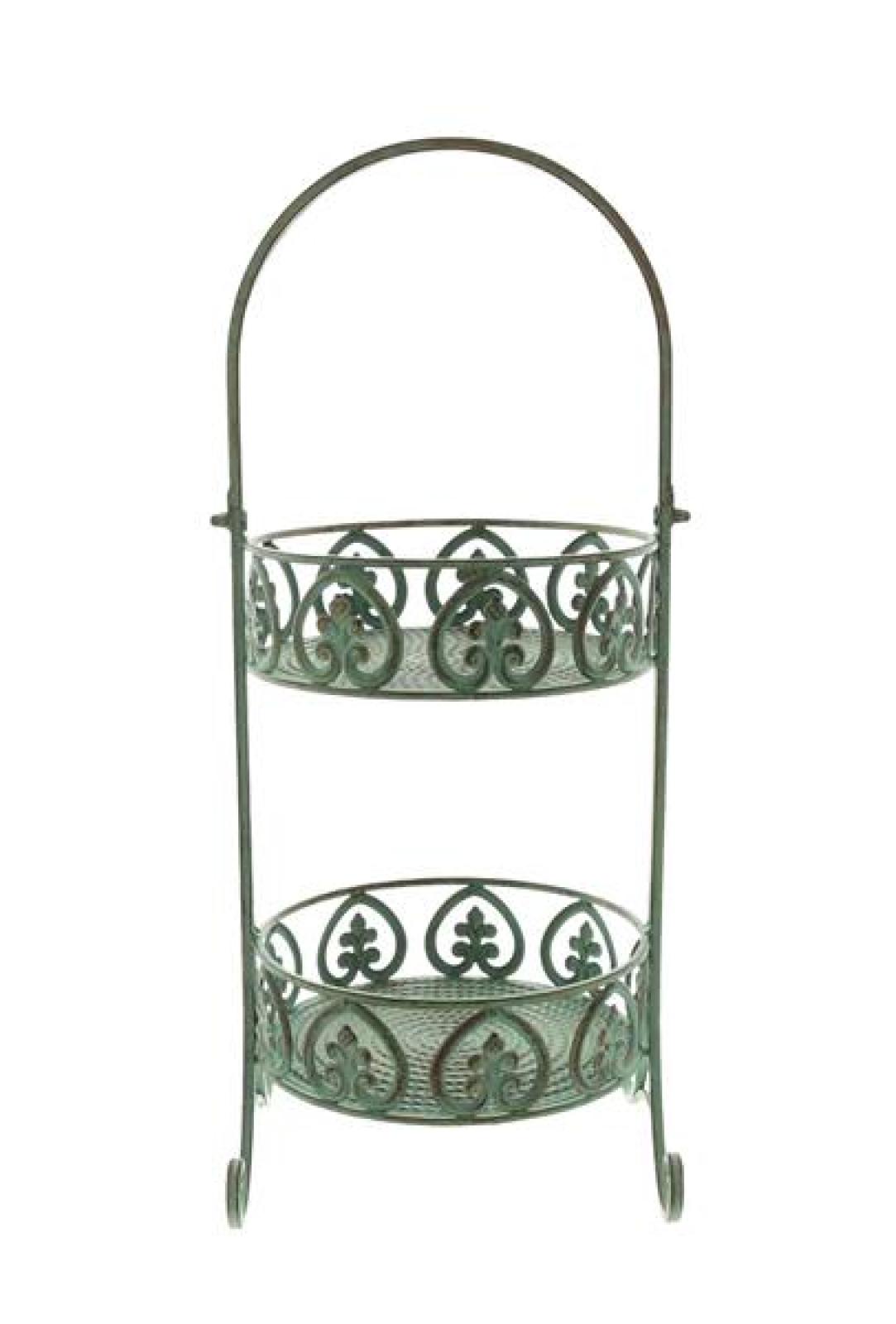 Etagere "Ornamente" aus Metall, grün mit Rost Finish, 2 Etagen, Cupcake Muffin Obst Ständer mit Griff