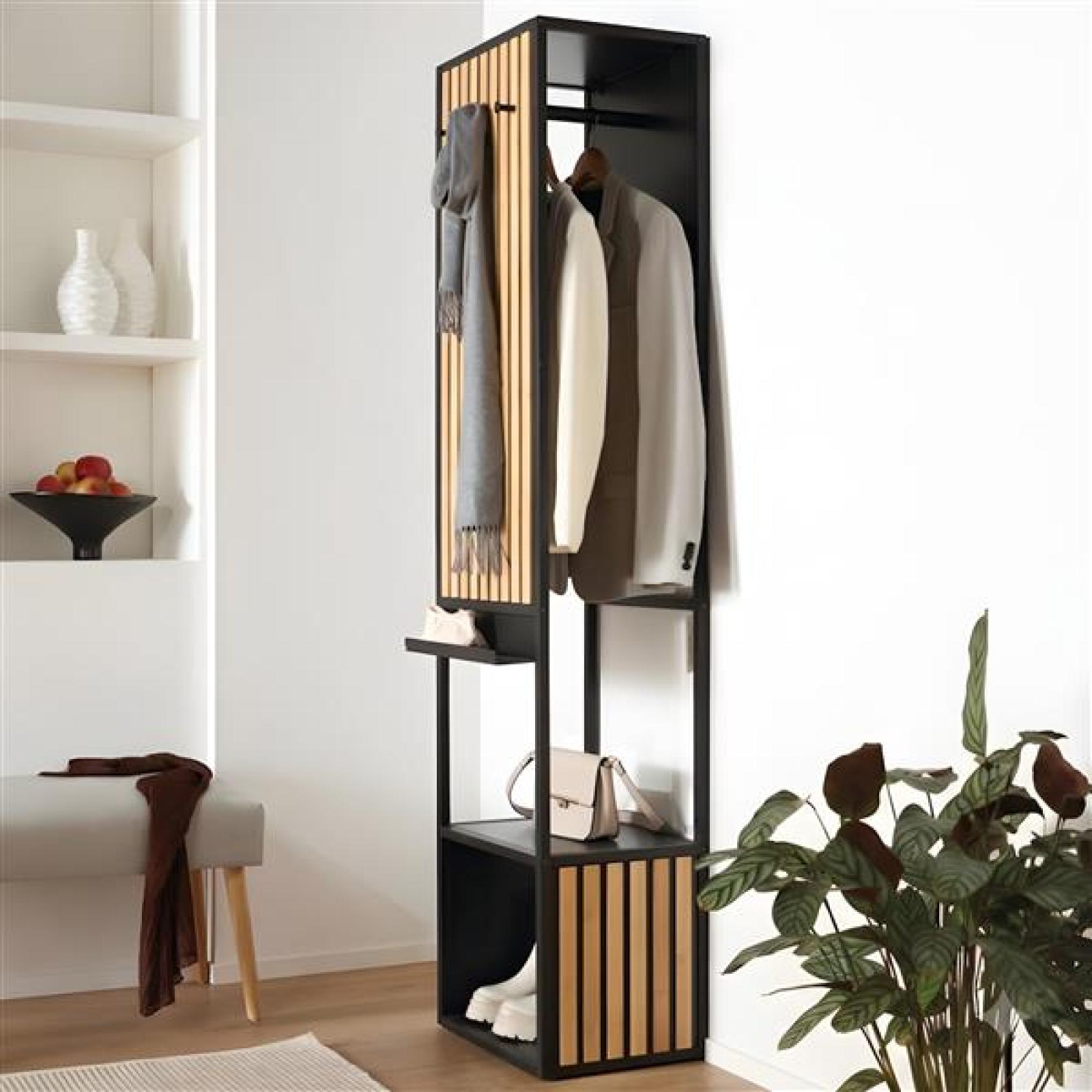 Garderobe "Modern" aus Metall schwarz & Bambus, 44x34x186 cm, Flurgarderobe schmal mit Kleiderstange, Ablage, 6 Haken