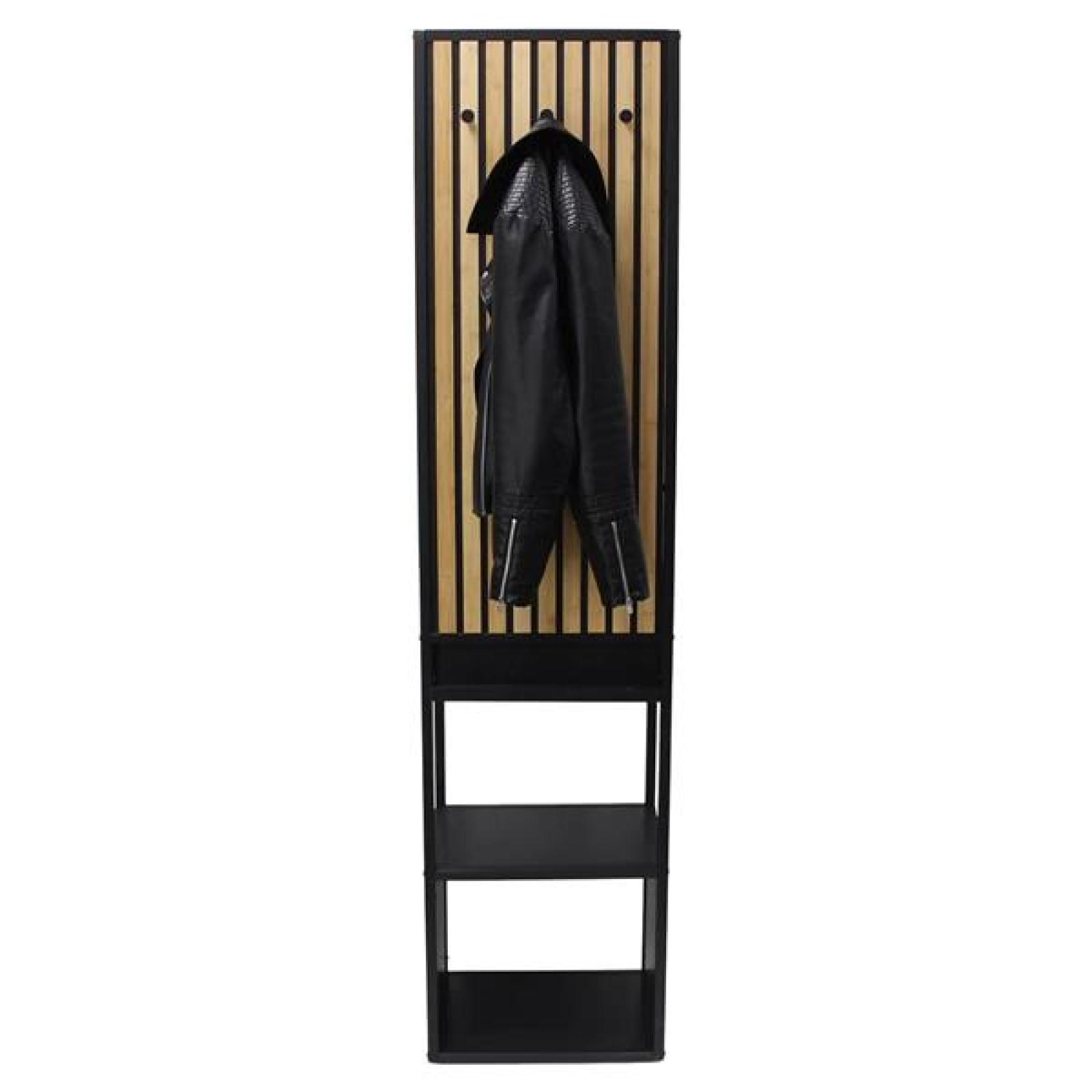 Garderobe "Modern" aus Metall schwarz & Bambus, 44x34x186 cm, Flurgarderobe schmal mit Kleiderstange, Ablage, 6 Haken