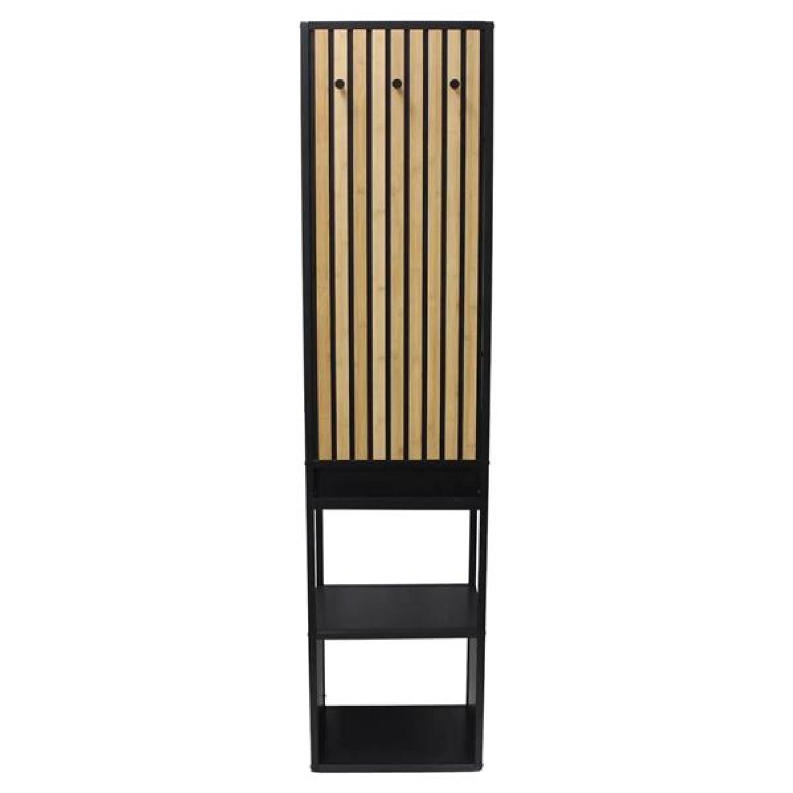 Garderobe "Modern" aus Metall schwarz & Bambus, 44x34x186 cm, Flurgarderobe schmal mit Kleiderstange, Ablage, 6 Haken