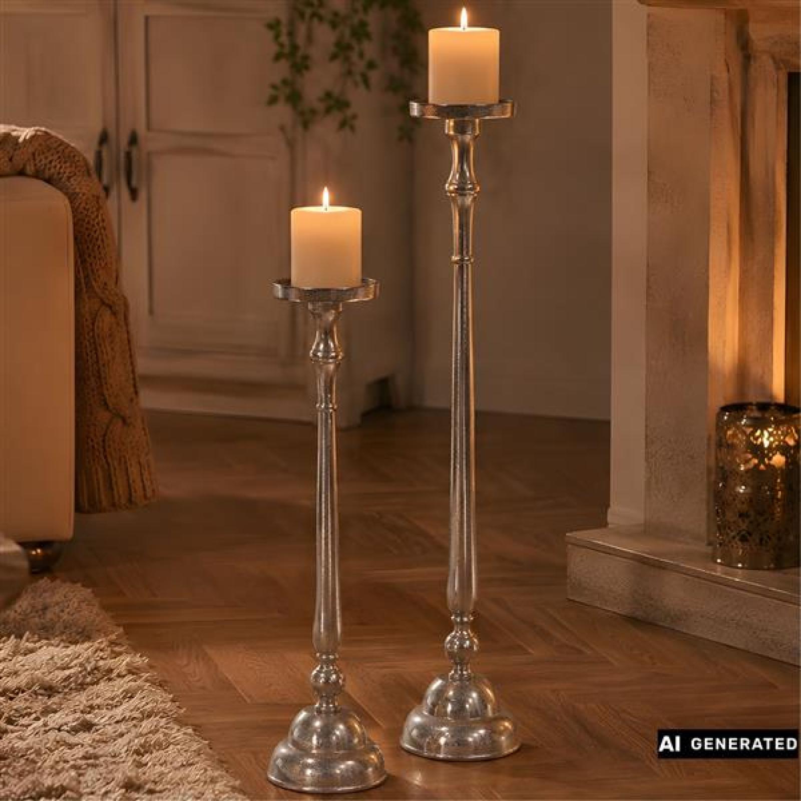 2x Kerzenständer "XXL" aus Aluminiumguss silber, 70 + 89 cm hoch, Alu Kerzenhalter für Stumpenkerzen