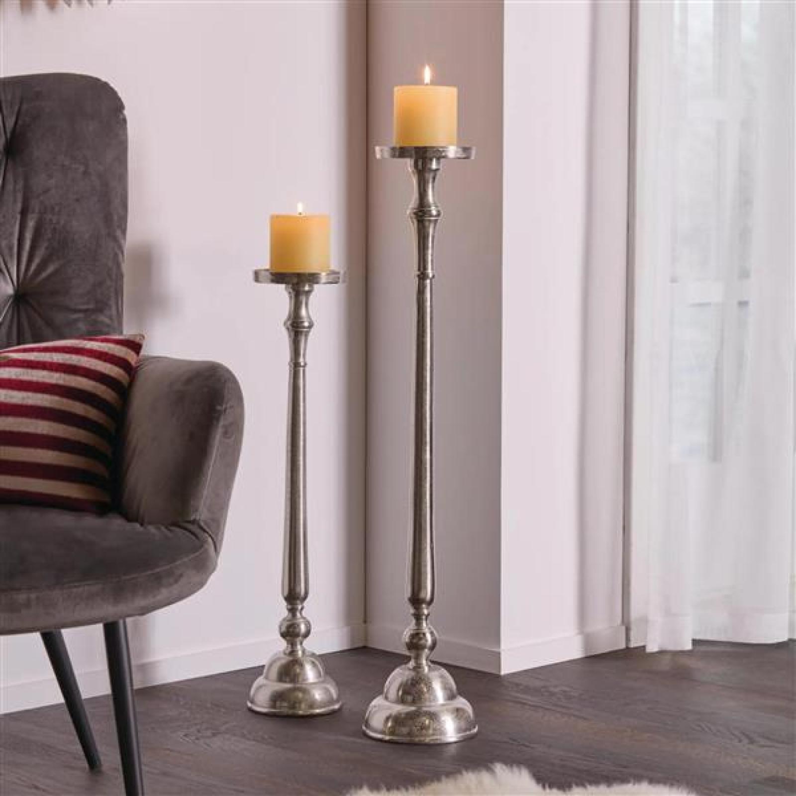 2x Kerzenständer "XXL" aus Aluminiumguss silber, 70 + 89 cm hoch, Alu Kerzenhalter für Stumpenkerzen