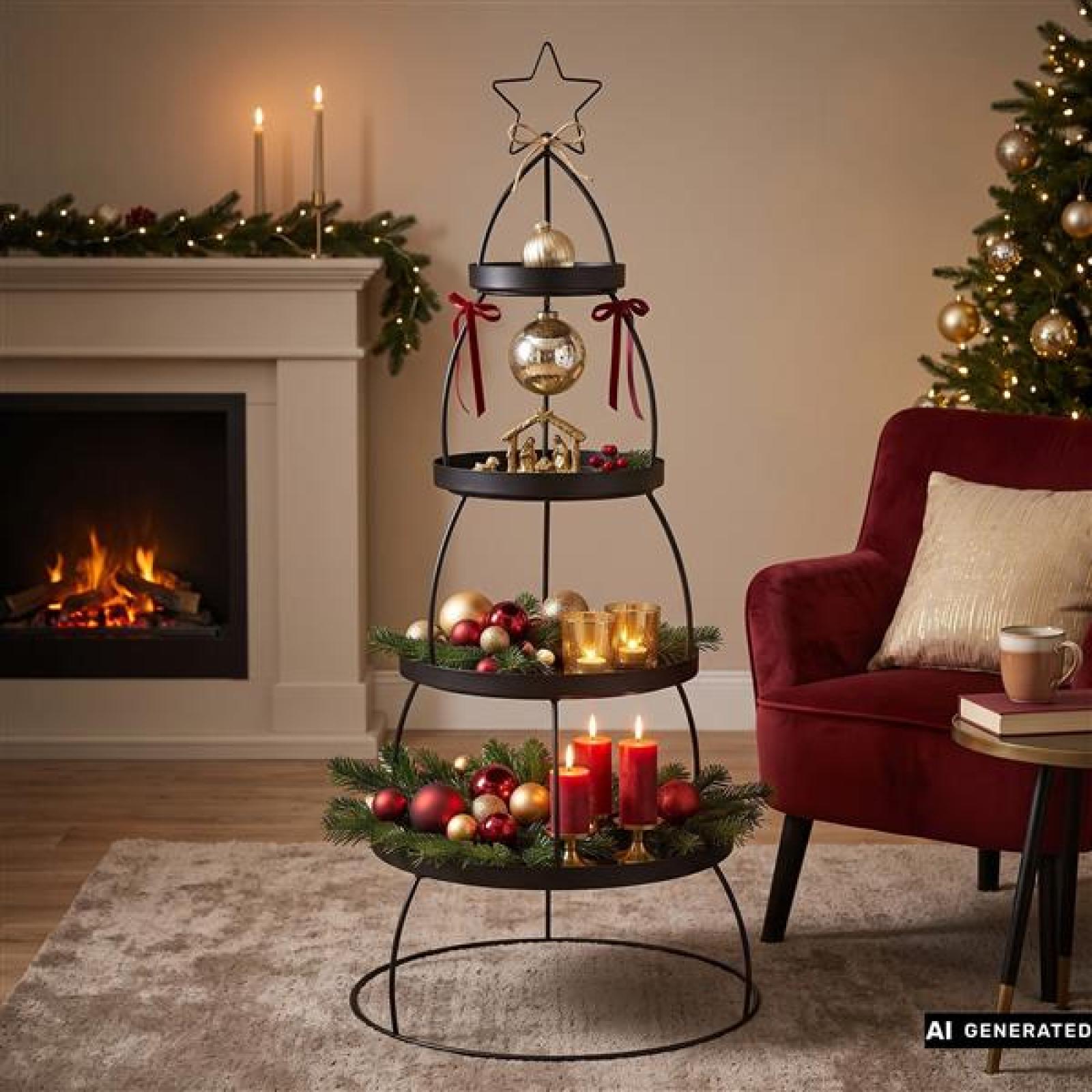 XXL Etagere "Tannenbaum" aus Metall, schwarz, Ø 56 x 132 cm, 4 Etagen, Tortenständer, Weihnachtsdeko, Dekoständer, Obstetagere, Regal