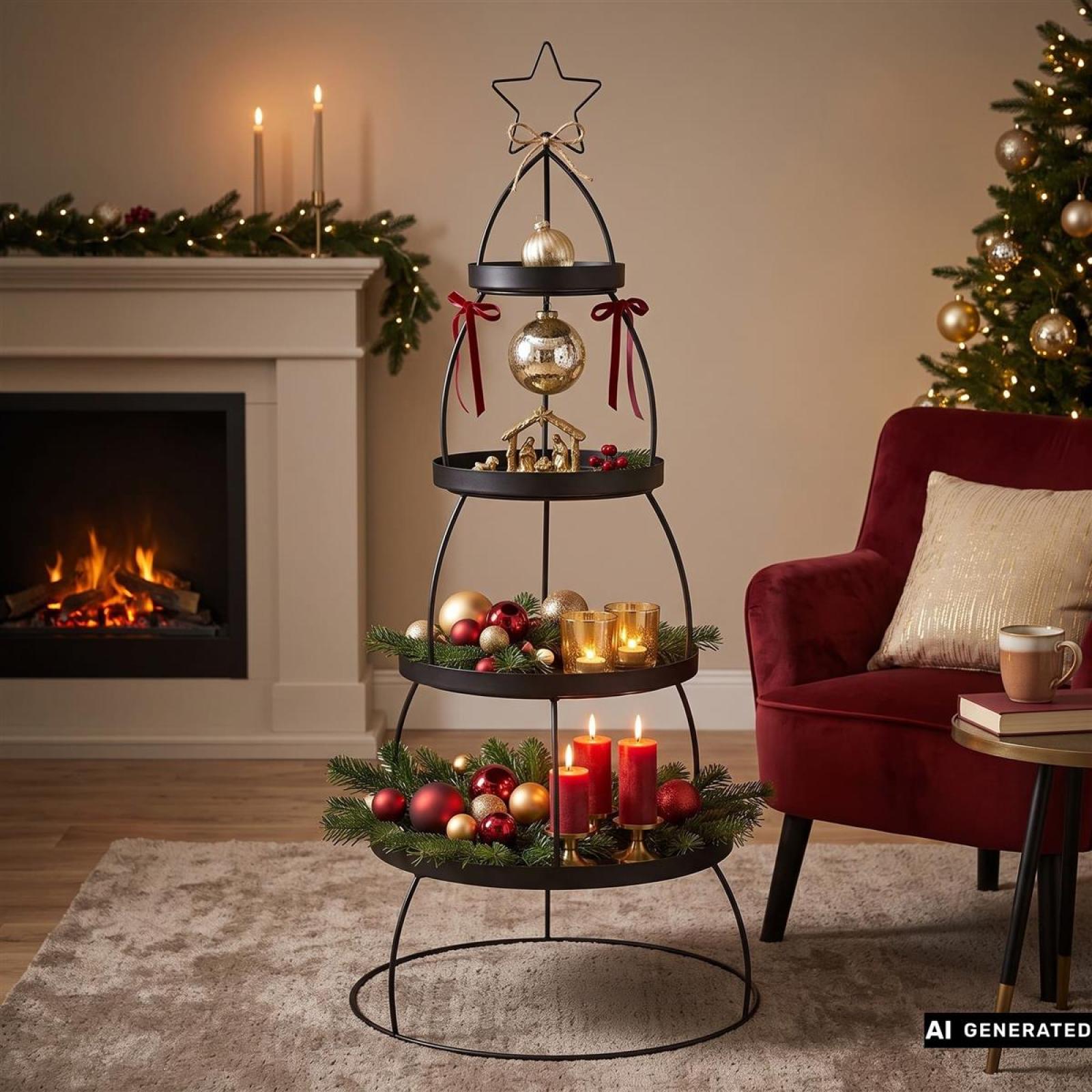 XXL Etagere "Tannenbaum" aus Metall, schwarz, Ø 56 x 132 cm, 4 Etagen, Tortenständer, Weihnachtsdeko, Dekoständer, Obstetagere, Regal