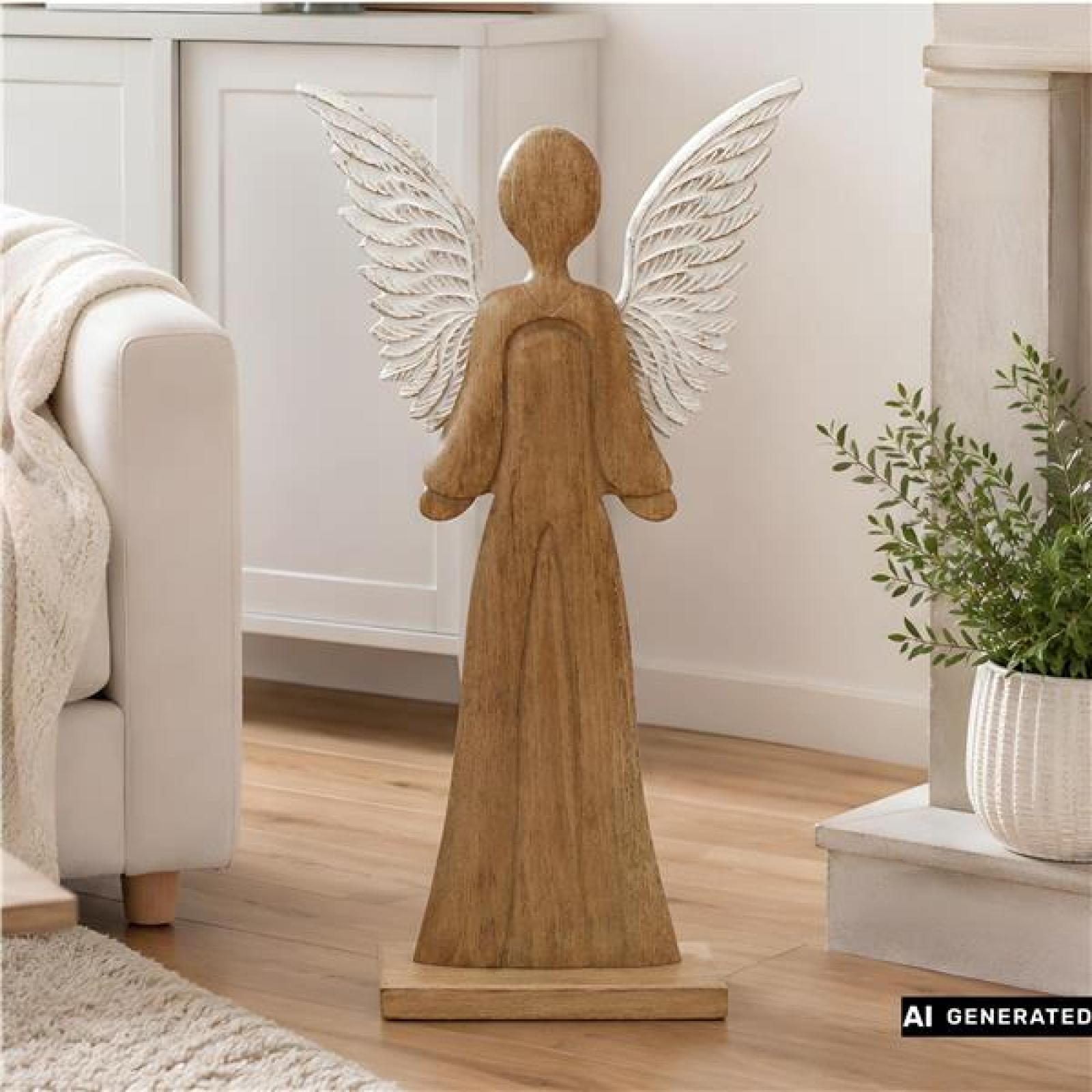 Figur "Schutzengel" 83 cm groß, Engel aus Mango-Holz, Metall-Flügel in weiß / gold, Dekofigur, Holzfigur