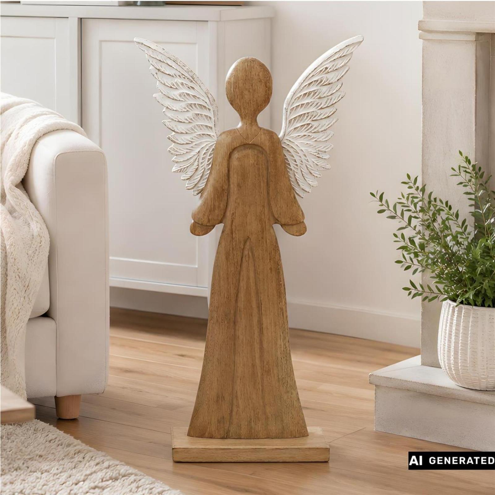 Figur "Schutzengel" 83 cm groß, Engel aus Mango-Holz, Metall-Flügel in weiß / gold, Dekofigur, Holzfigur