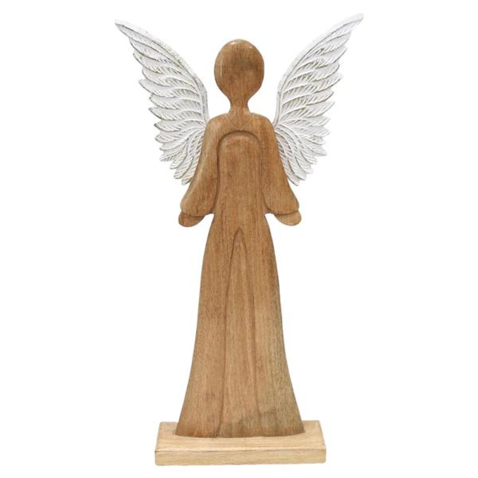 Figur "Schutzengel" 83 cm groß, Engel aus Mango-Holz, Metall-Flügel in weiß / gold, Dekofigur, Holzfigur