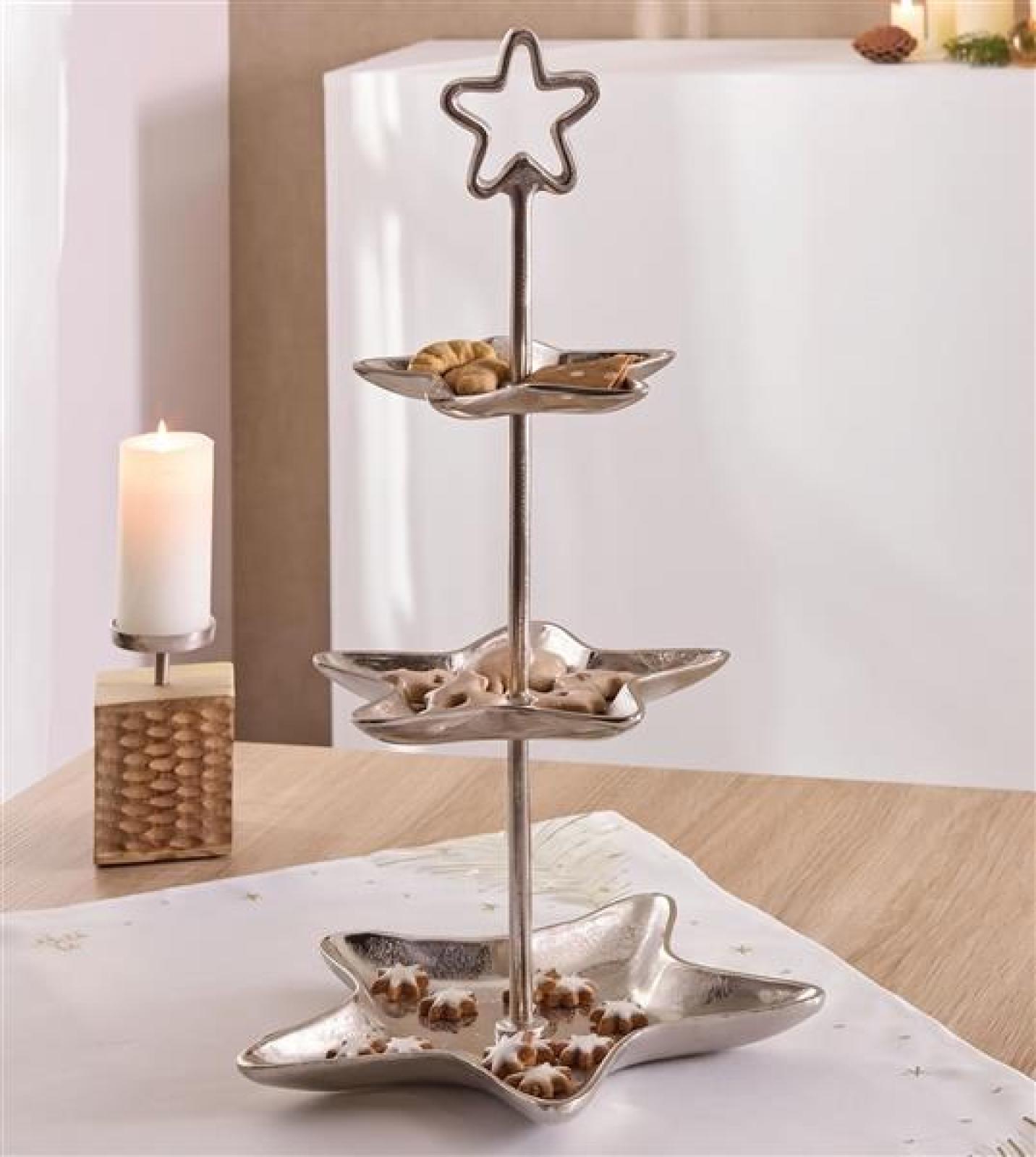 Etagere "Stern" aus Aluminiumguss, silber, 3 Etagen, 61 cm hoch, Weihnachtsdeko, Dekoständer, Obstetagere