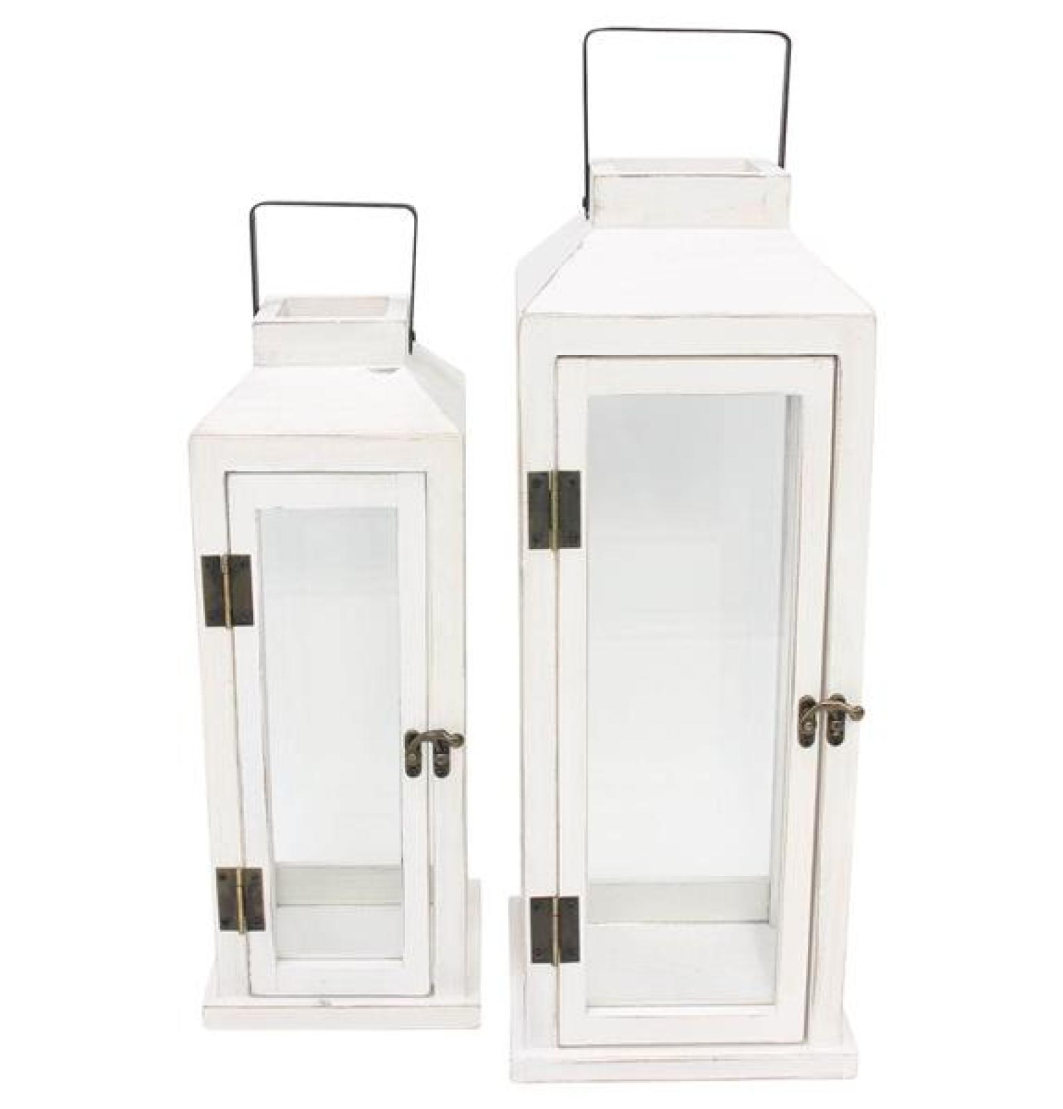 2x Laterne "Shabby" aus Holz, weiß, 38 + 45 cm groß, Kerzenständer, Windlicht