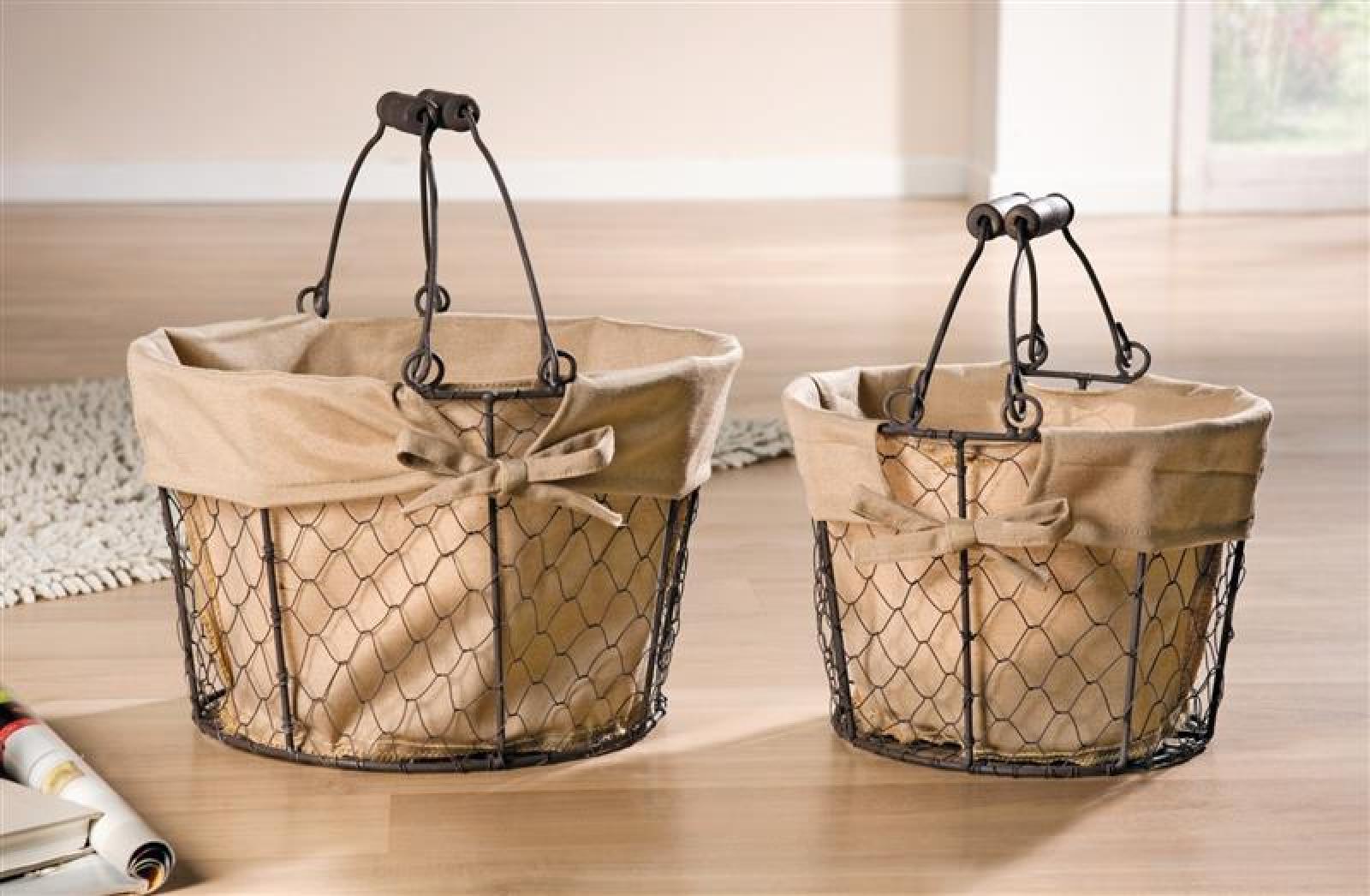 2x Drahtkorb, rund Ø 23 + 29 cm, mit Textileinlage, SB-Korb, Tragekorb, Badkorb, Dekokorb