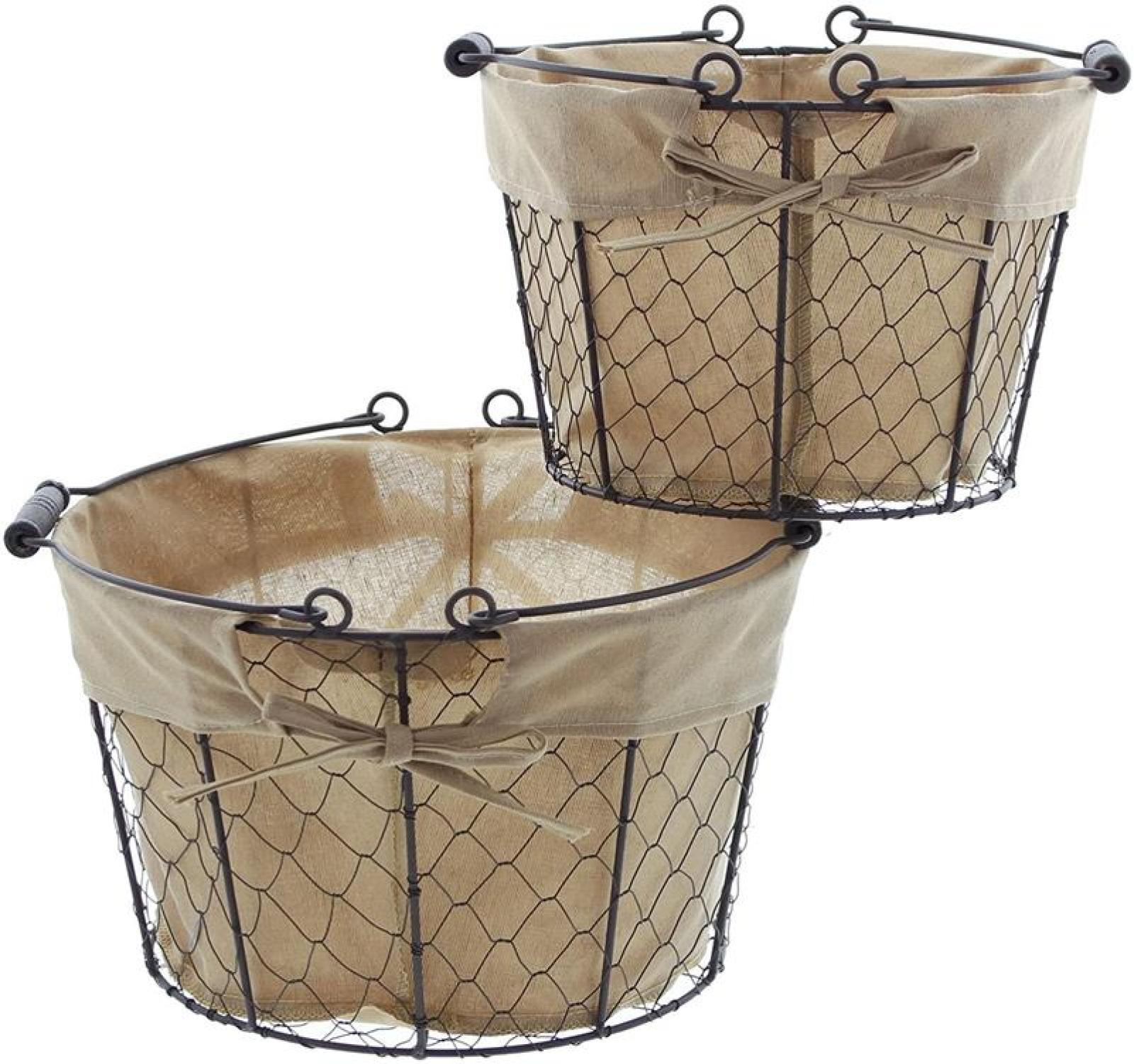 2x Drahtkorb, rund Ø 23 + 29 cm, mit Textileinlage, SB-Korb, Tragekorb, Badkorb, Dekokorb