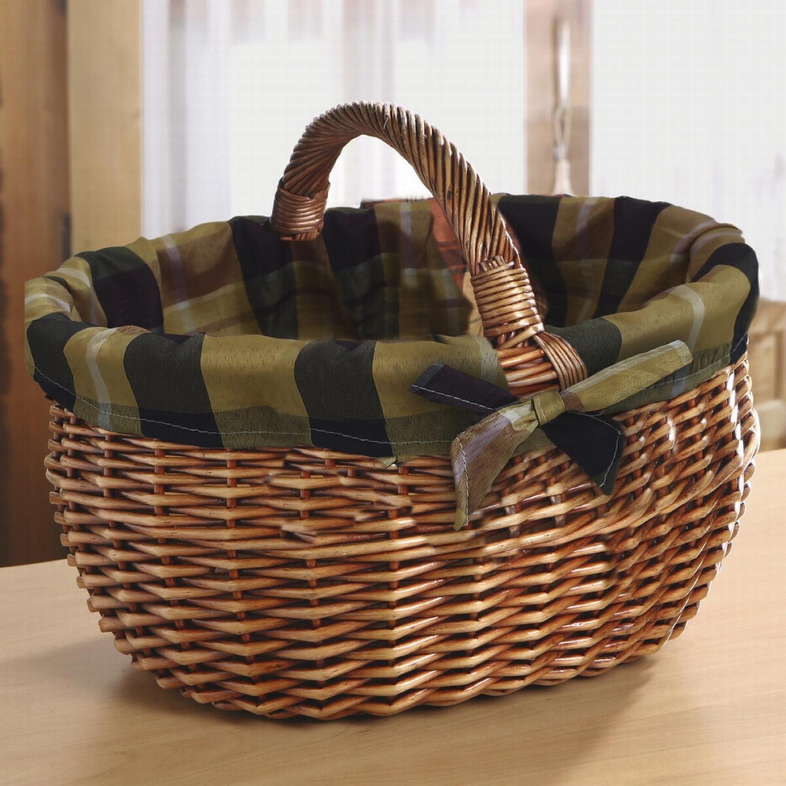 Einkaufskorb "Karo" aus Weide, mit Textileinlage grün, Bügelkorb, Tragekorb, Flechtkorb
