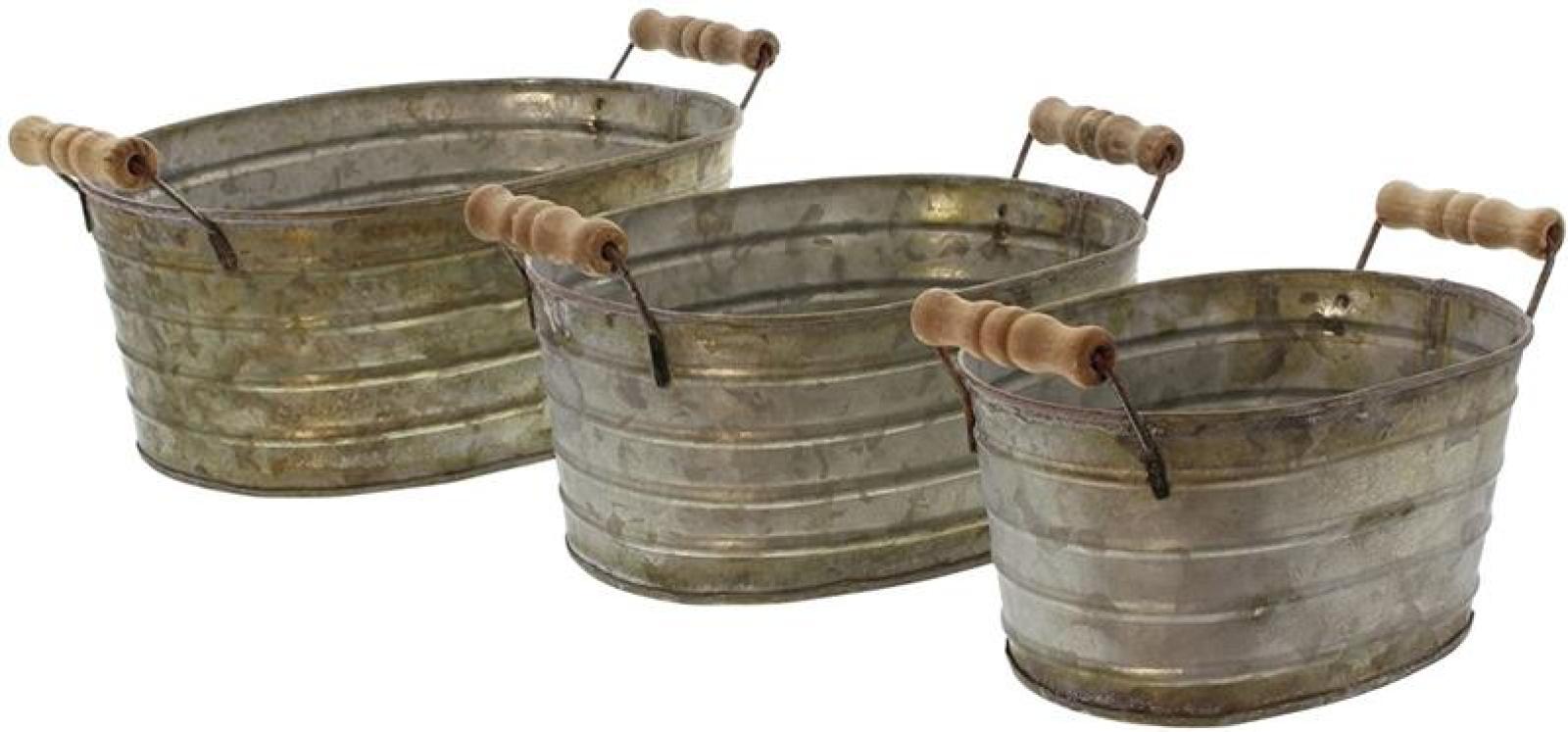 3er Set Metallwannen mit Holzgriffen, Blumenkübel, Pflanzkasten, Blumenkasten, Pflanzkübel, Pflanzgefäß, Gartendeko für Draußen