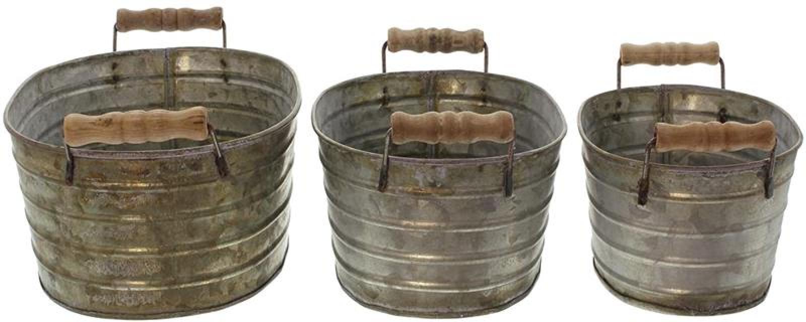 3er Set Metallwannen mit Holzgriffen, Blumenkübel, Pflanzkasten, Blumenkasten, Pflanzkübel, Pflanzgefäß, Gartendeko für Draußen