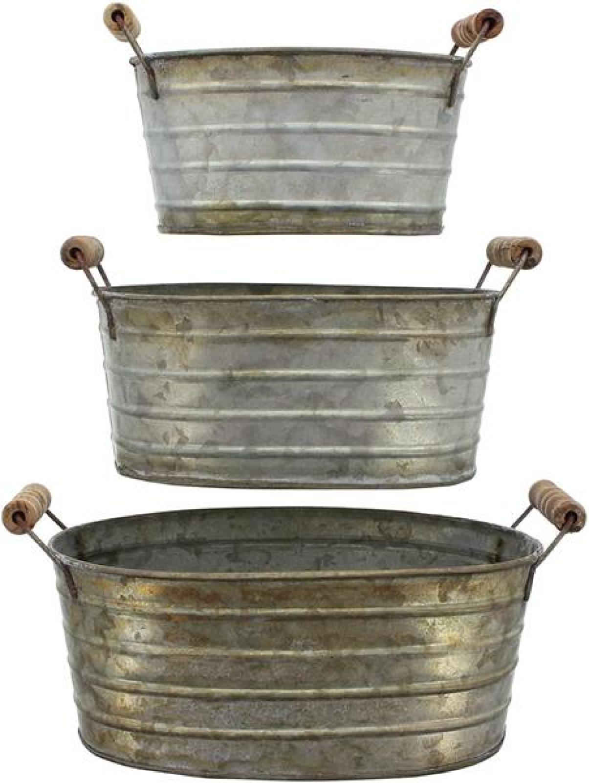 3er Set Metallwannen mit Holzgriffen, Blumenkübel, Pflanzkasten, Blumenkasten, Pflanzkübel, Pflanzgefäß, Gartendeko für Draußen