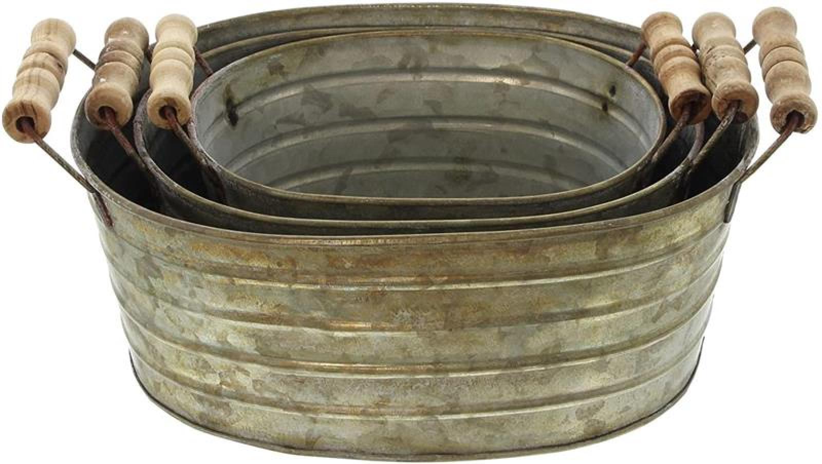 3er Set Metallwannen mit Holzgriffen, Blumenkübel, Pflanzkasten, Blumenkasten, Pflanzkübel, Pflanzgefäß, Gartendeko für Draußen