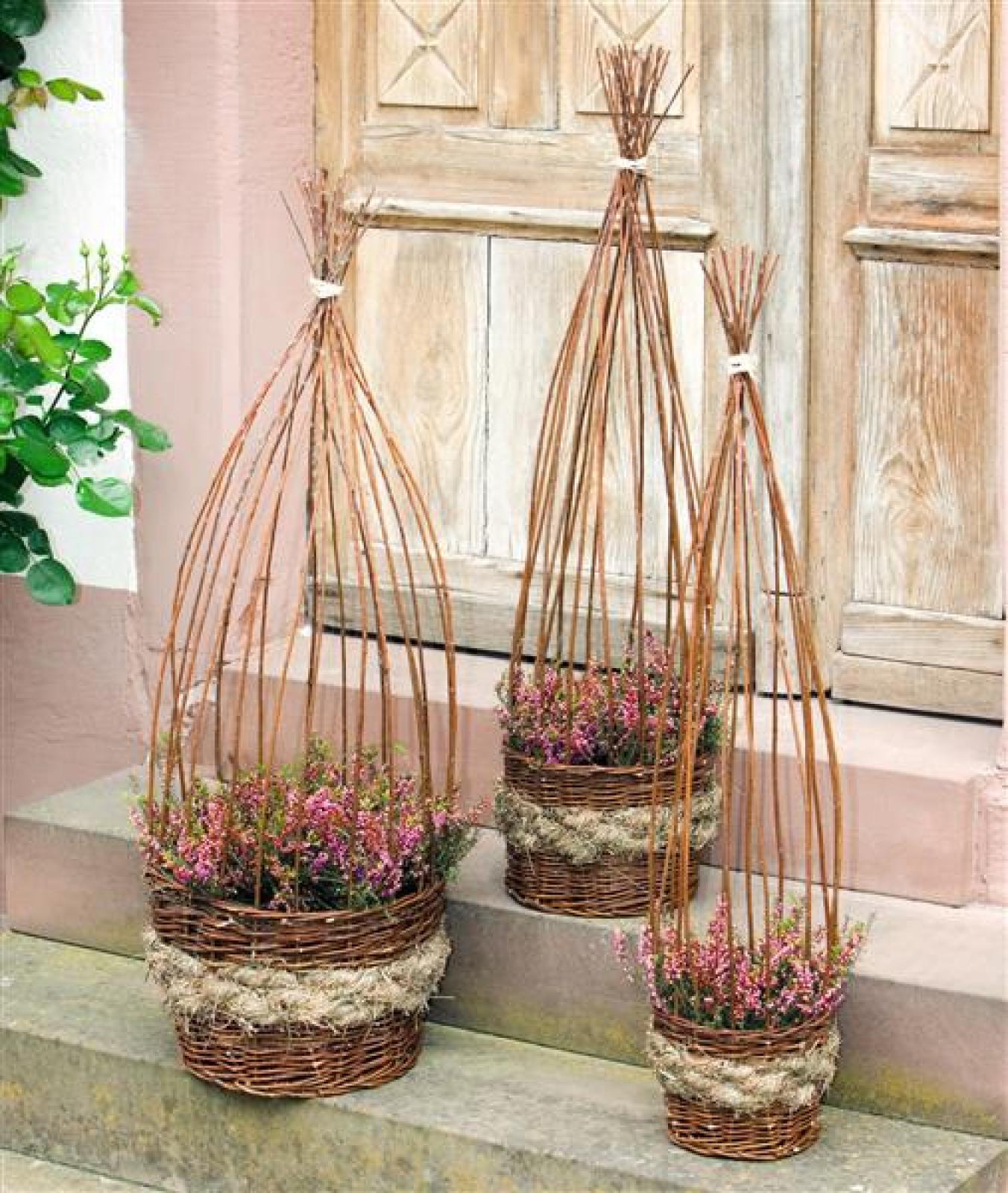 3x Pflanzkorb aus Weide & Stroh, Blumentopf mit Rankhilfe, Pflanzgefäß mit Rankgitter, Gartendeko, Pflanzschale
