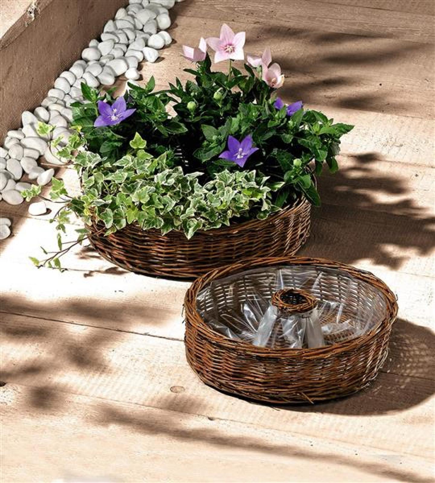 2x Pflanzrad aus Weide, braun, Pflanzschale, Blumenschale, Pflanzgefäß, Blumentopf, Gartendeko für Draußen