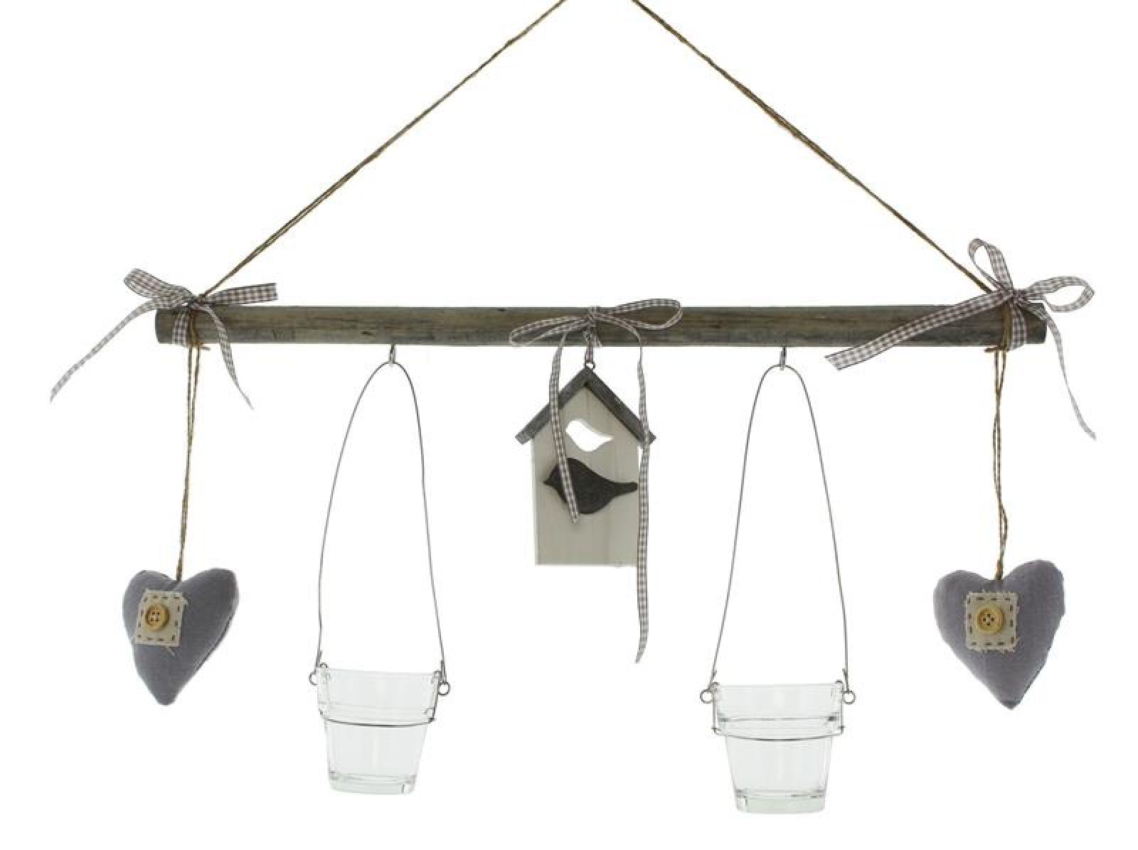 Dekohänger "Vogelhaus" aus Holz, grau, 2 Glaswindlichter & 2 Herzen, Teelichthalter, Windlicht