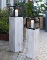 2x Windlichtsäule "Modern Shabby" aus Holz, Metall & Glas, 60 + 78 cm hoch, Kerzenhalter, Kerzenständer, Dekosäule für Wohnzimmer, Holzsäule mit Kerzenglas