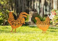 2x Gartenstecker "Huhn & Hahn" aus Metall mit Echt Rost, 38 + 45 cm hoch, Rostdeko, Dekostecker, Gartendeko für Draußen